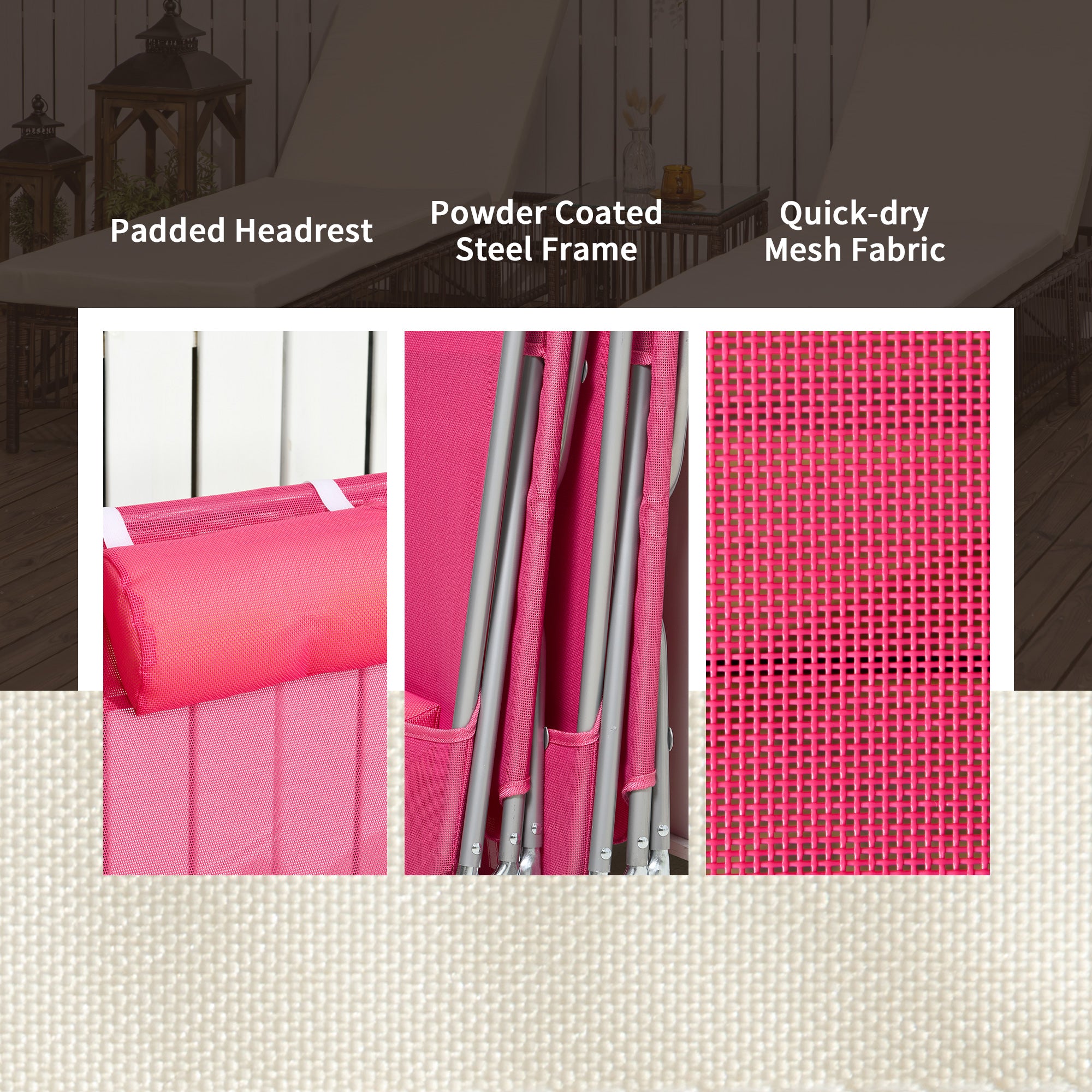 Outsunny  Set of 2 Folding Chaise Lounge Pool Chairs, Outdoor Sun Tanning Chairs with Pillow, Reclining Back, Steel Frame & Breathable Mesh for Beach, Yard, Patio, Pink