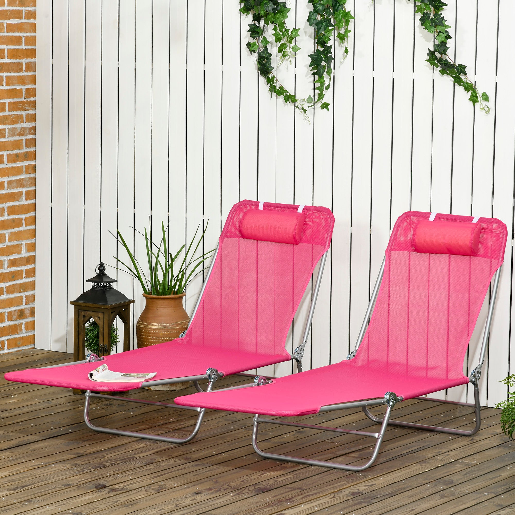 Outsunny  Set of 2 Folding Chaise Lounge Pool Chairs, Outdoor Sun Tanning Chairs with Pillow, Reclining Back, Steel Frame & Breathable Mesh for Beach, Yard, Patio, Pink