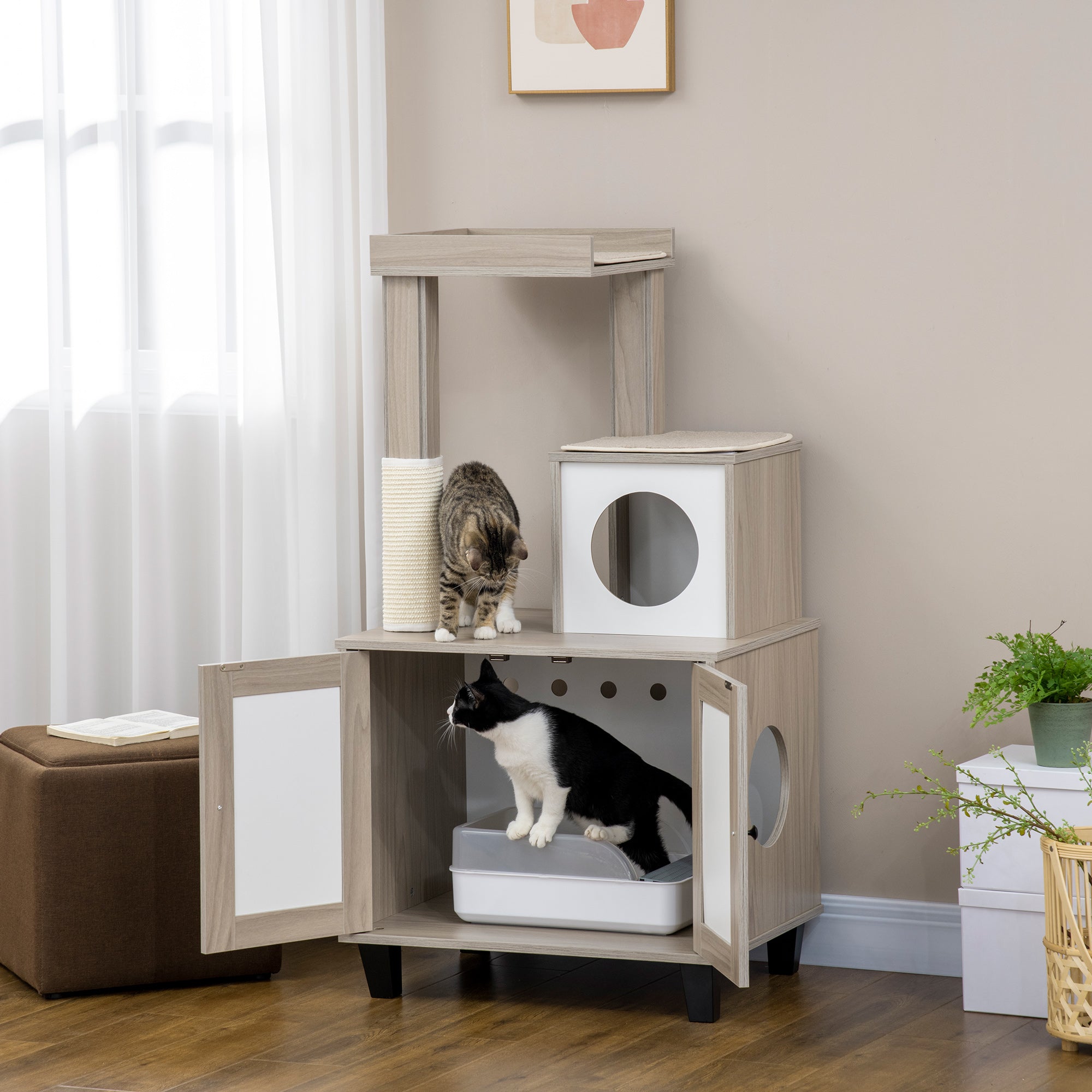 PawHut Cat Litter Box Enclosure Furniture with Cat Tree, Hidden Litter Box with Scratching Post, Bed, Modern Cat House Indoor, Gray