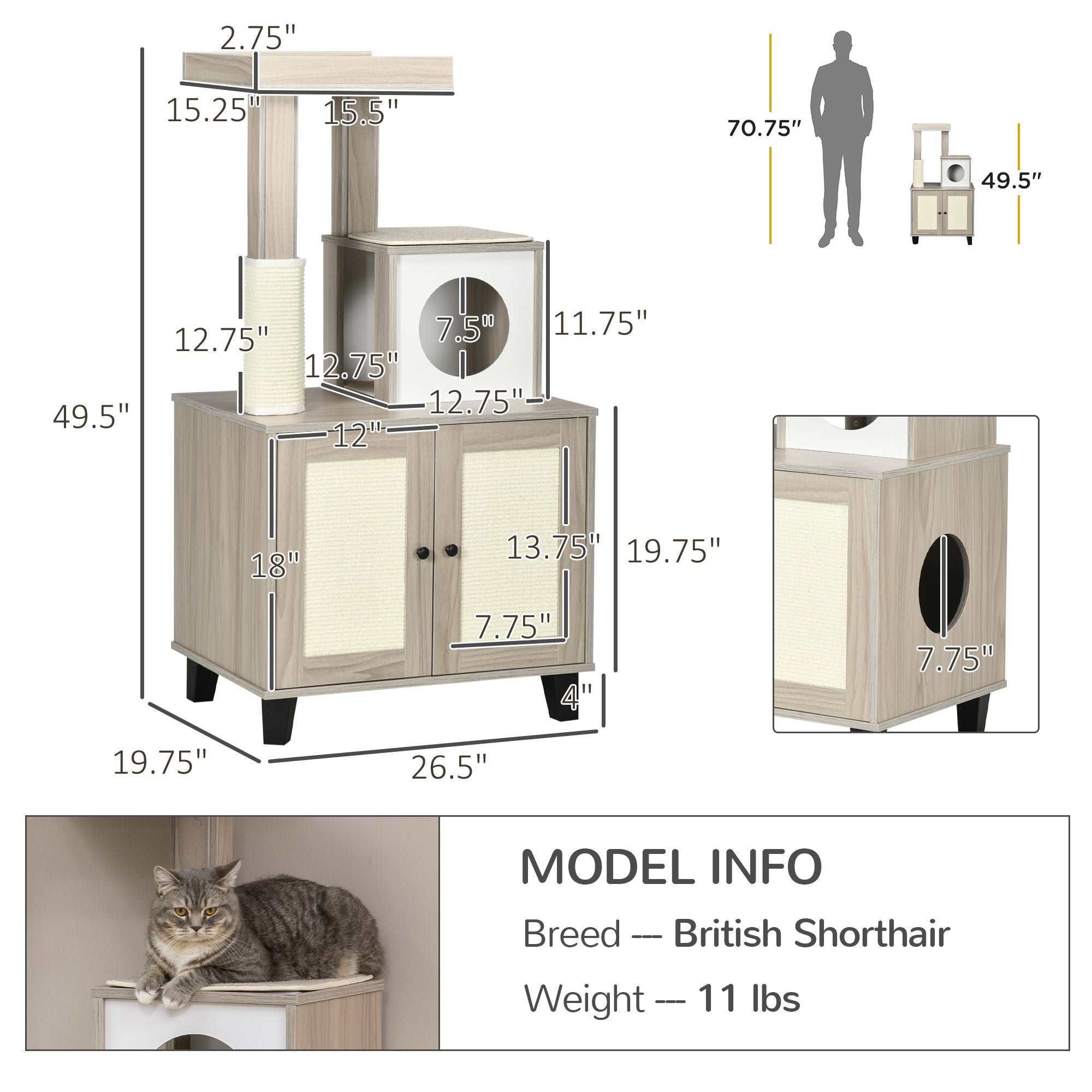 PawHut Cat Litter Box Enclosure Furniture with Cat Tree, Hidden Litter Box with Scratching Post, Bed, Modern Cat House Indoor, Gray