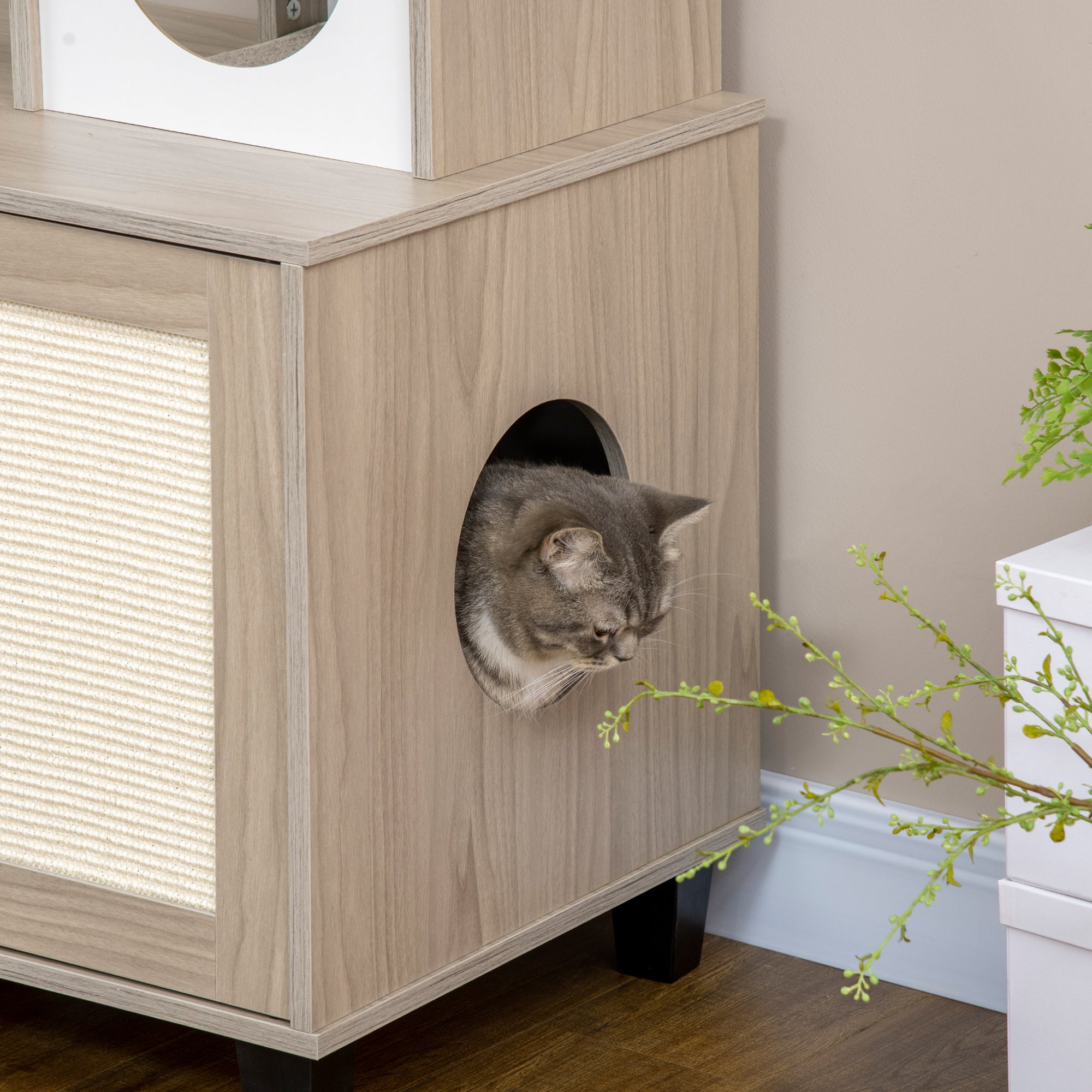 PawHut Cat Litter Box Enclosure Furniture with Cat Tree, Hidden Litter Box with Scratching Post, Bed, Modern Cat House Indoor, Gray