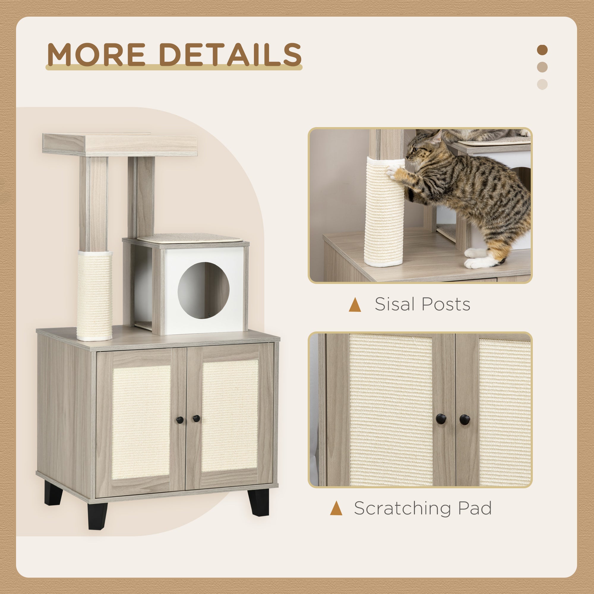 PawHut Cat Litter Box Enclosure Furniture with Cat Tree, Hidden Litter Box with Scratching Post, Bed, Modern Cat House Indoor, Gray