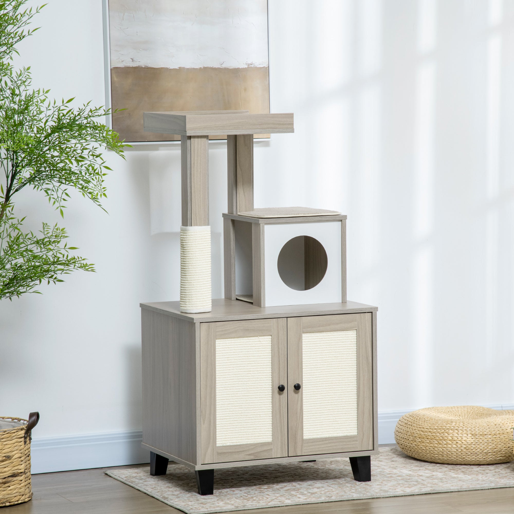 PawHut Cat Litter Box Enclosure Furniture with Cat Tree, Hidden Litter Box with Scratching Post, Bed, Modern Cat House Indoor, Gray