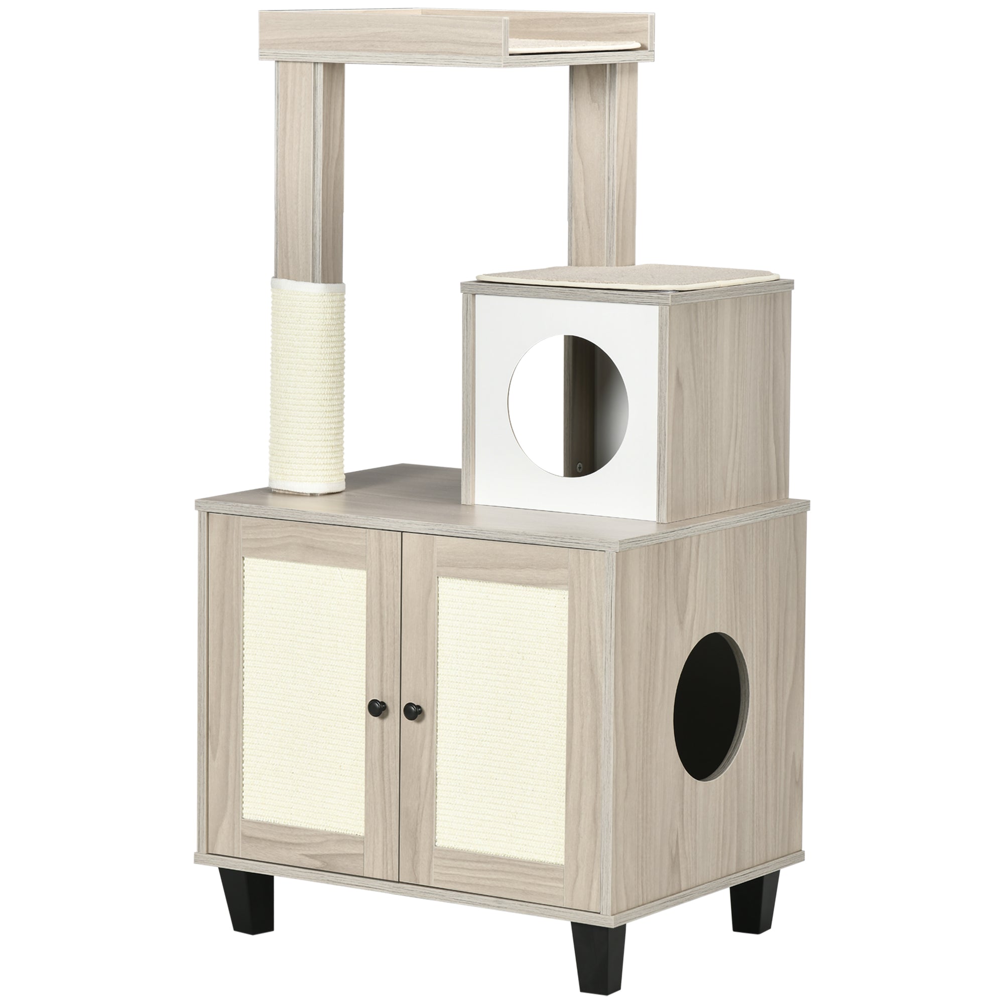 PawHut Cat Litter Box Enclosure Furniture with Cat Tree, Hidden Litter Box with Scratching Post, Bed, Modern Cat House Indoor, Gray