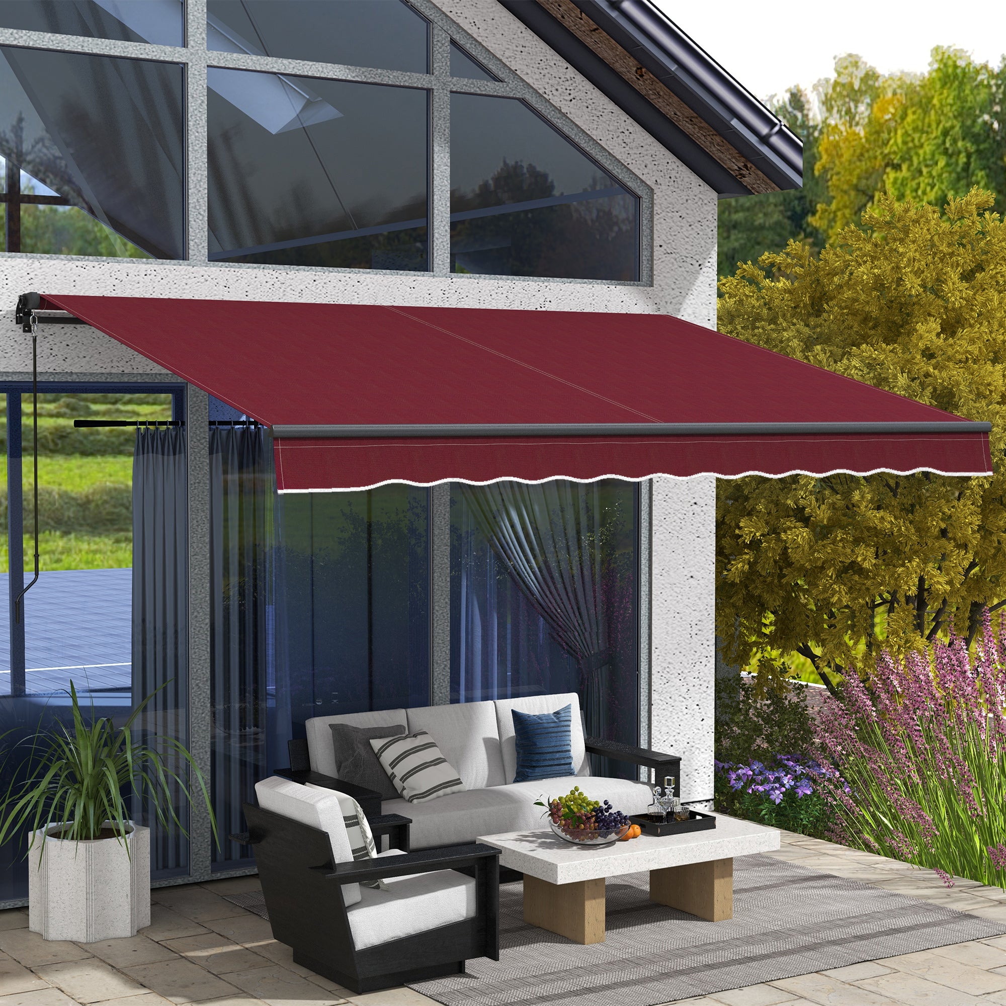 Outsunny 12' x 10' Retractable Awning, Patio Awning Sunshade Shelter with Manual Crank Handle, 280gsm UV Resistant Fabric and Aluminum Frame, for Balcony, Yard, Wine Red