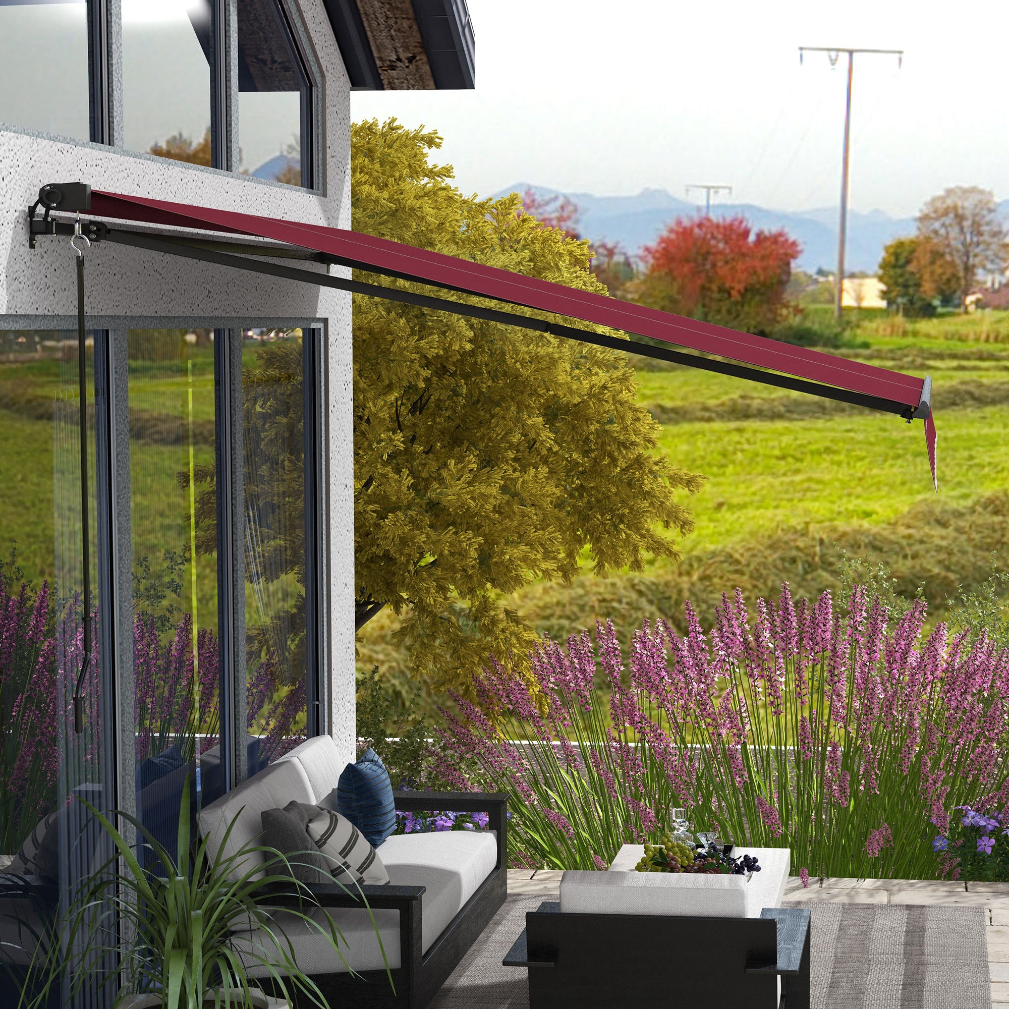 Outsunny 12' x 10' Retractable Awning, Patio Awning Sunshade Shelter with Manual Crank Handle, 280gsm UV Resistant Fabric and Aluminum Frame, for Balcony, Yard, Wine Red