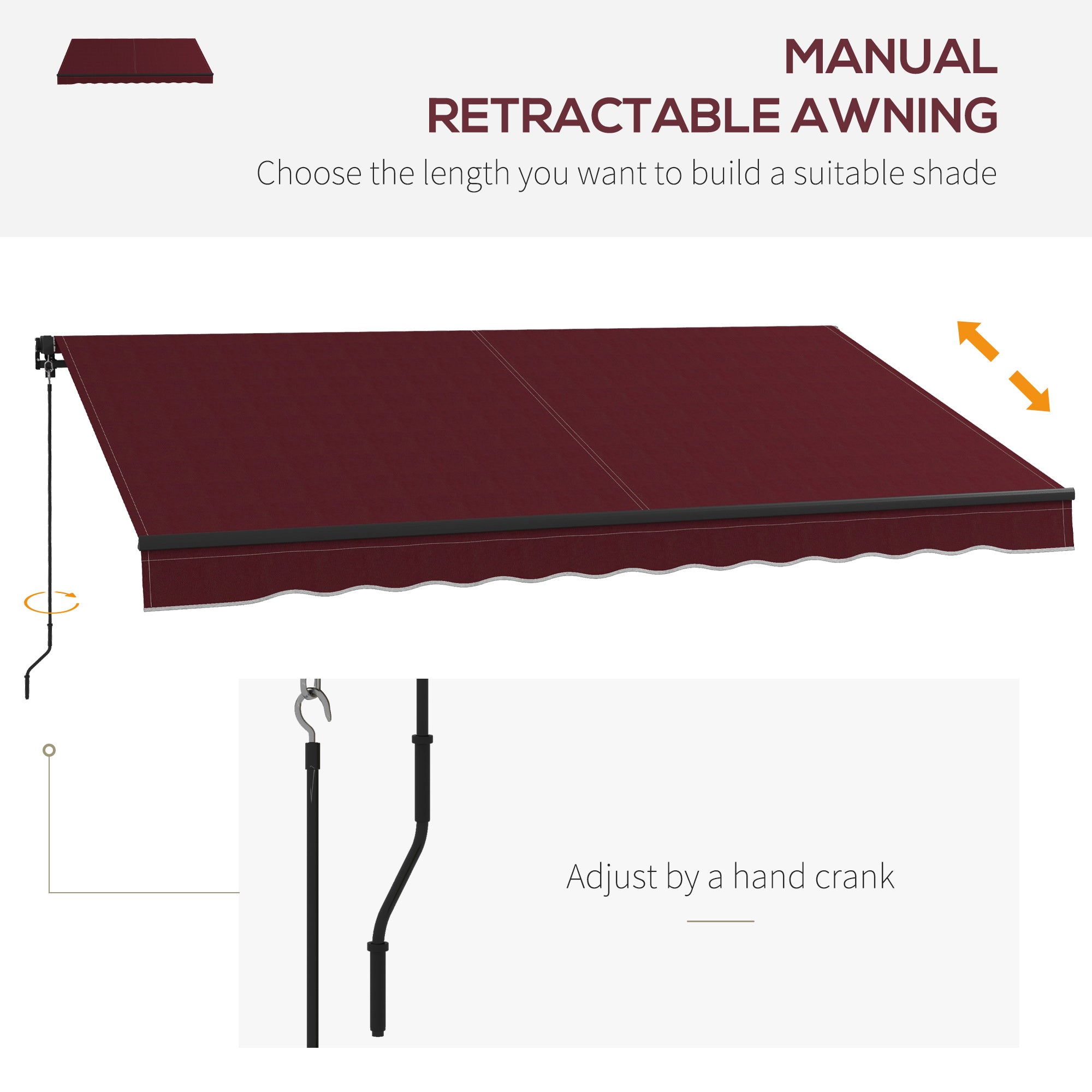 Outsunny 12' x 10' Retractable Awning, Patio Awning Sunshade Shelter with Manual Crank Handle, 280gsm UV Resistant Fabric and Aluminum Frame, for Balcony, Yard, Wine Red