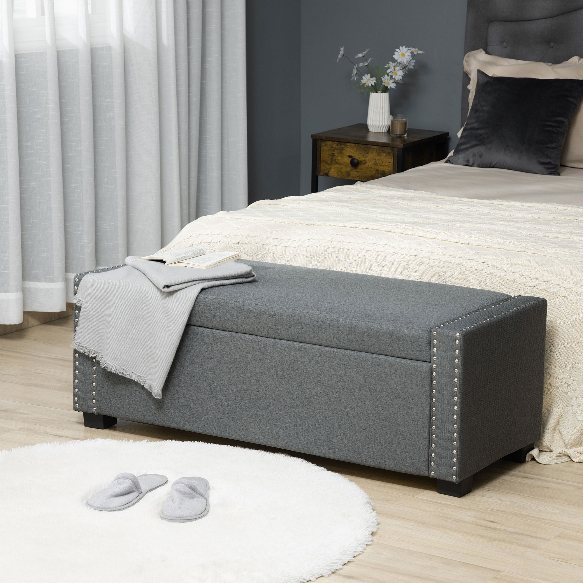 HOMCOM Upholstered Flip Top Storage Bench Fabric Ottoman for Bedroom, Living room, Light Grey