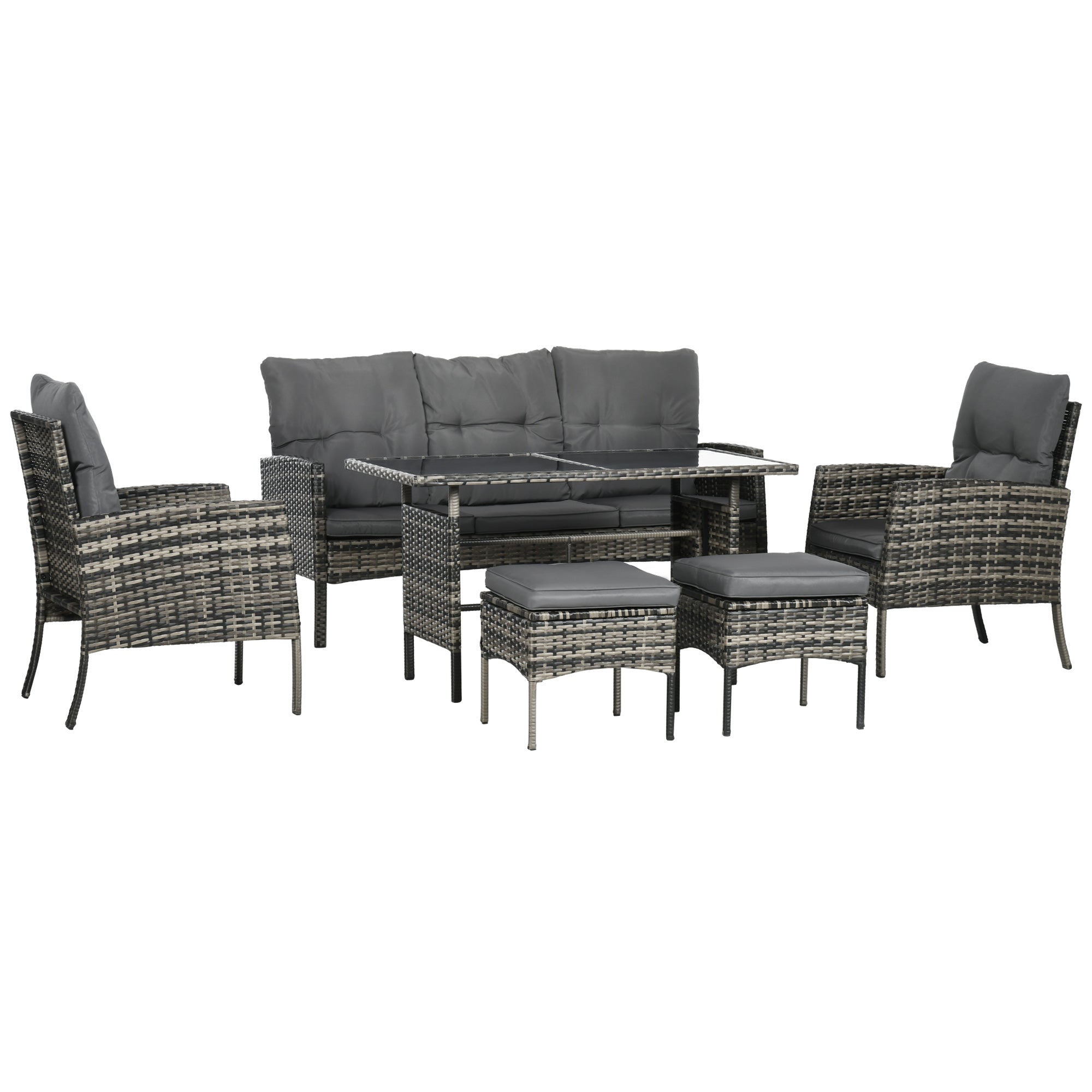 Outsunny 6 Piece Patio Furniture Set with Patio Chairs, Ottomans, Sofa, Glass Top Table and Cushions, Wicker Rattan Outdoor Furniture Set for Backyard, Porch, Grey