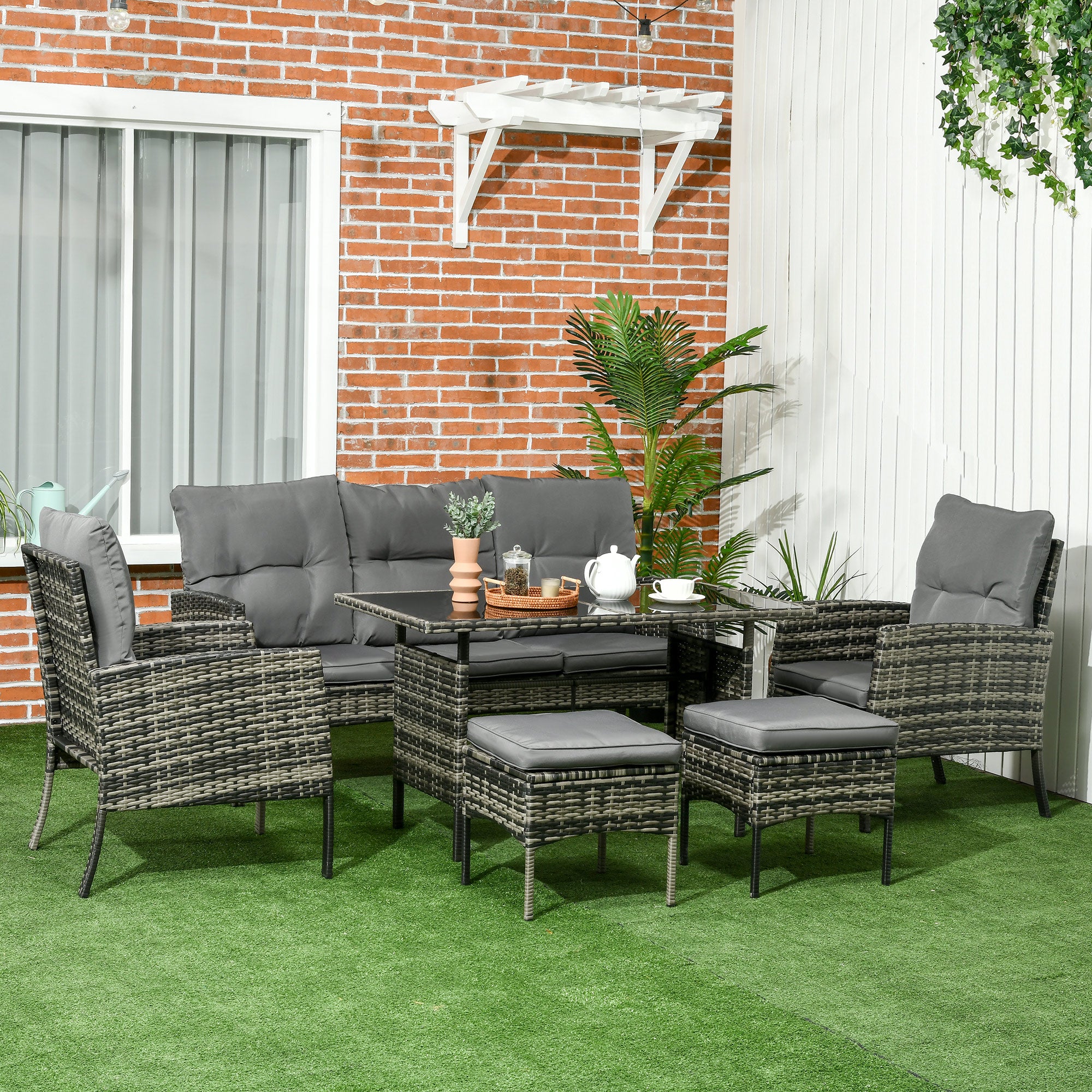Outsunny 6 Piece Patio Furniture Set with Patio Chairs, Ottomans, Sofa, Glass Top Table and Cushions, Wicker Rattan Outdoor Furniture Set for Backyard, Porch, Grey