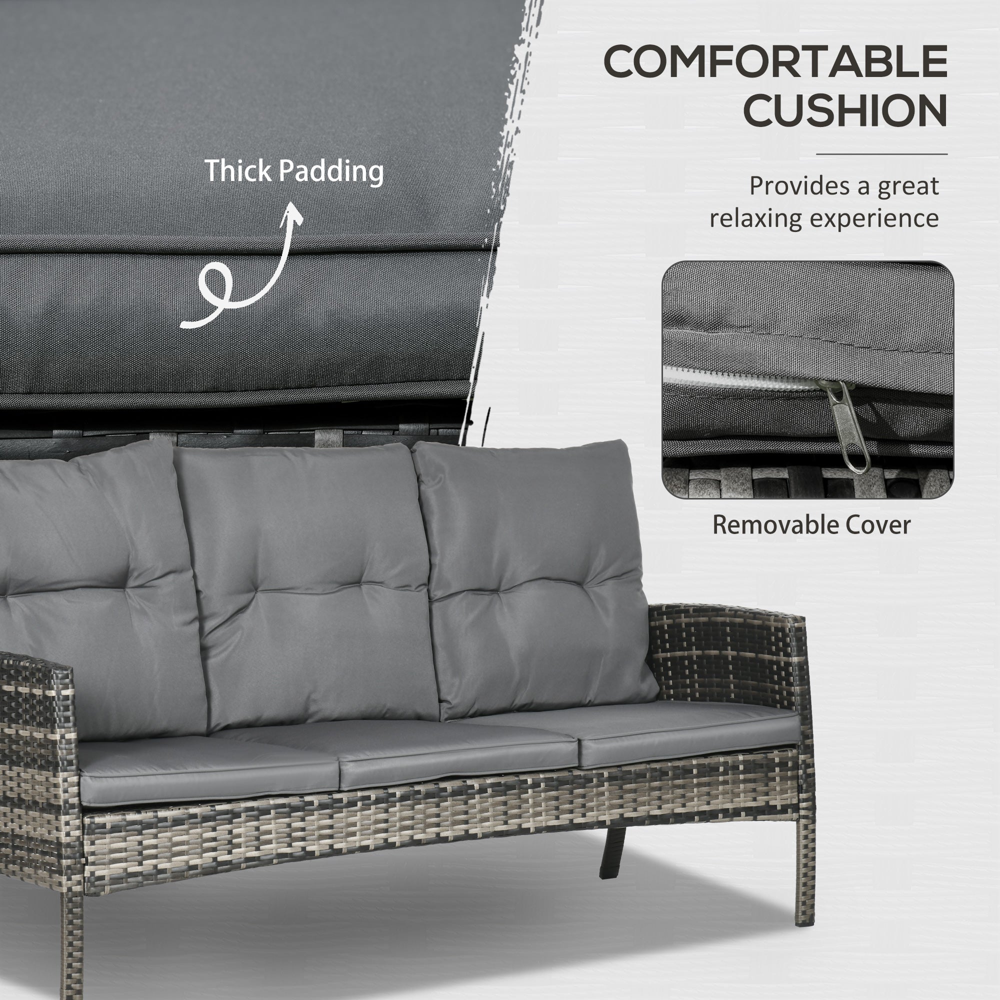 Outsunny 6 Piece Patio Furniture Set with Patio Chairs, Ottomans, Sofa, Glass Top Table and Cushions, Wicker Rattan Outdoor Furniture Set for Backyard, Porch, Grey