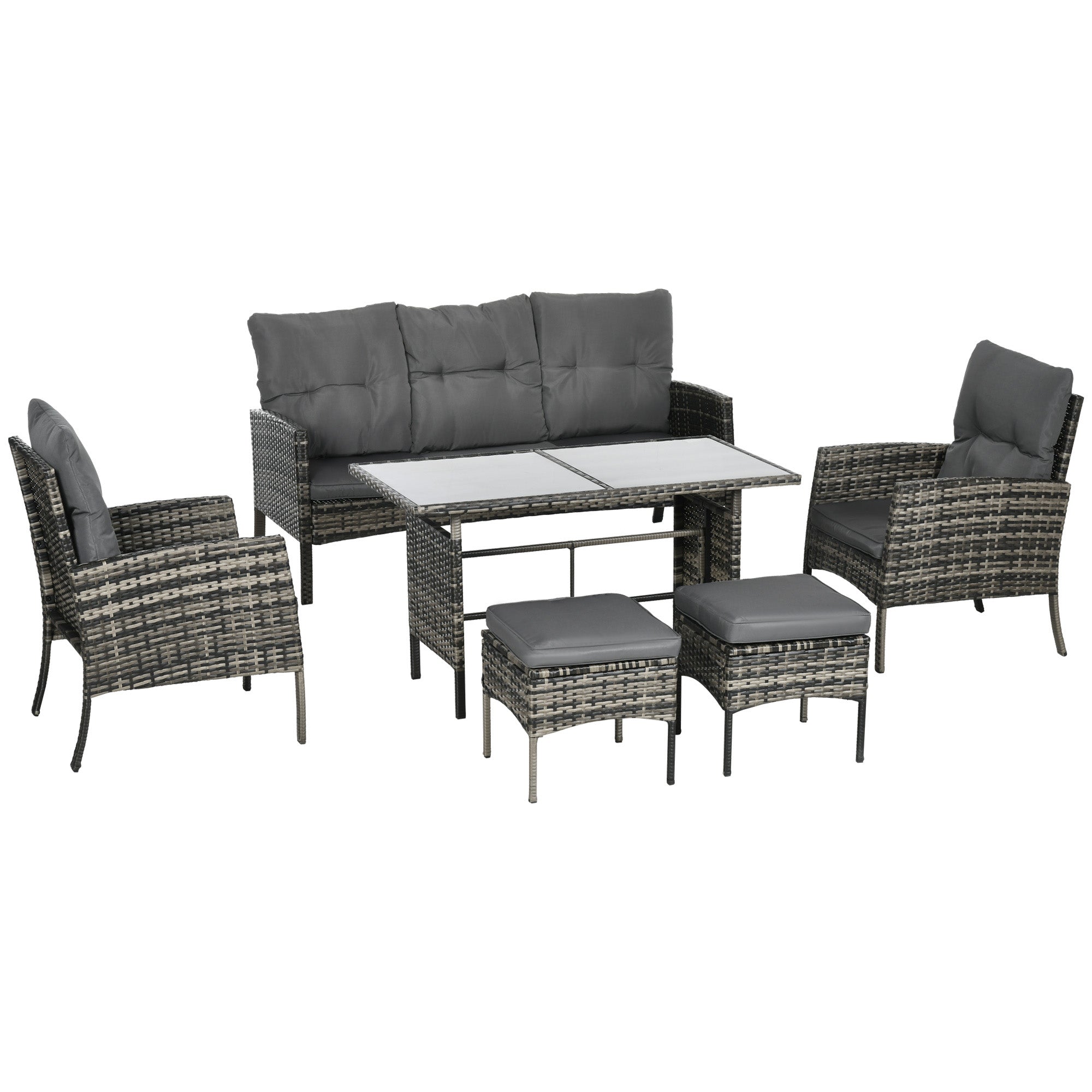 Outsunny 6 Piece Patio Furniture Set with Patio Chairs, Ottomans, Sofa, Glass Top Table and Cushions, Wicker Rattan Outdoor Furniture Set for Backyard, Porch, Grey