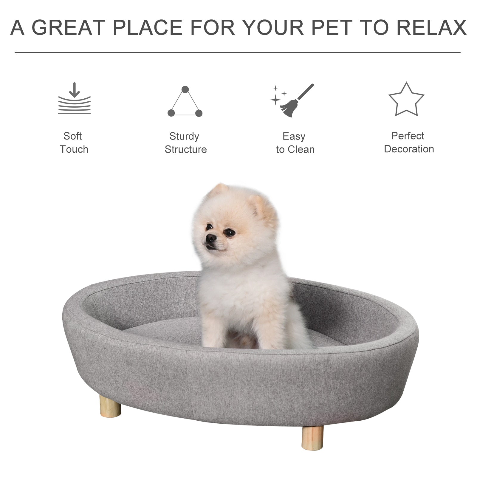 PawHut Dog Sofa Oval Shaped Pet Bed, Cat Chair Couch with Sponge Padded Cushion, Washable Cover, Wooden Legs for Small Dogs - Light Grey