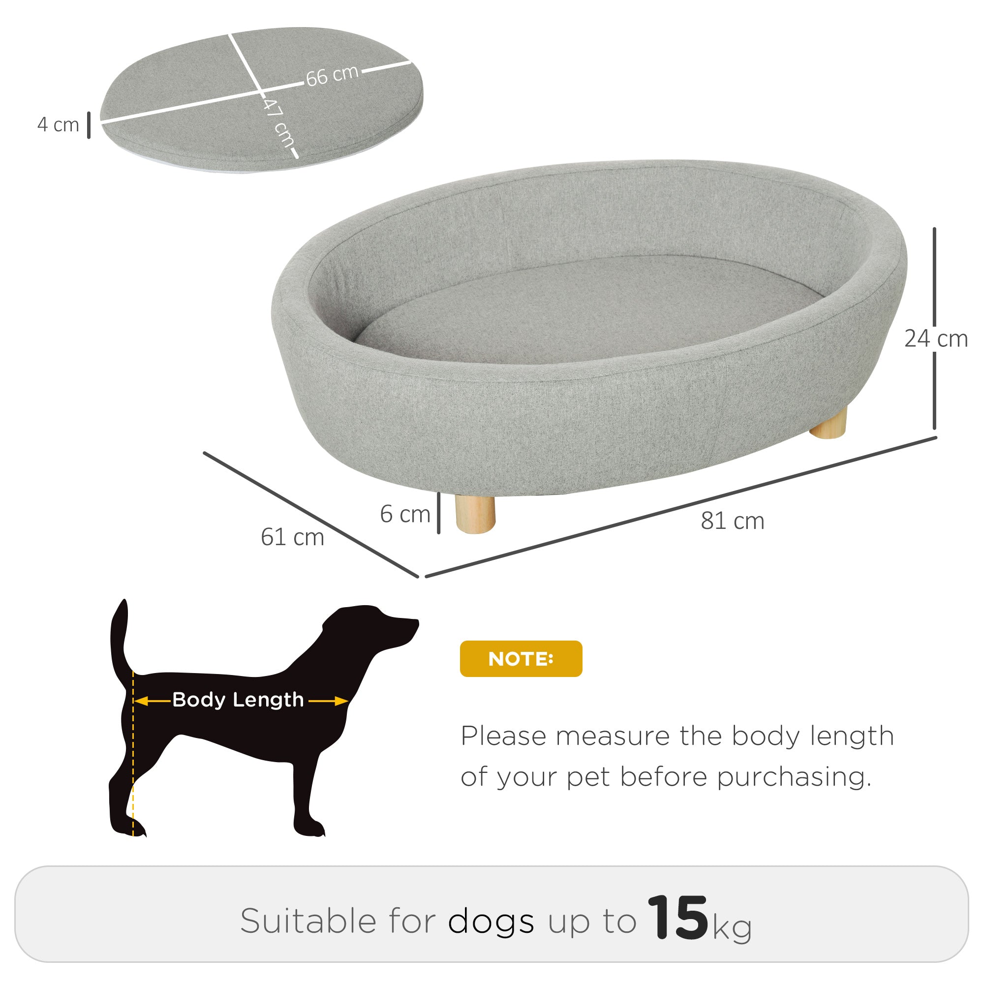 PawHut Dog Sofa Oval Shaped Pet Bed, Cat Chair Couch with Sponge Padded Cushion, Washable Cover, Wooden Legs for Small Dogs - Light Grey