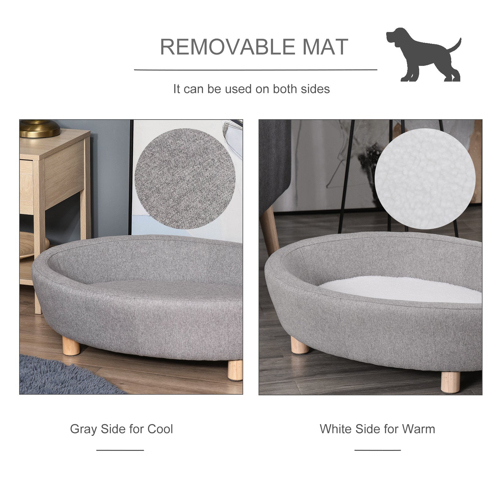 PawHut Dog Sofa Oval Shaped Pet Bed, Cat Chair Couch with Sponge Padded Cushion, Washable Cover, Wooden Legs for Small Dogs - Light Grey