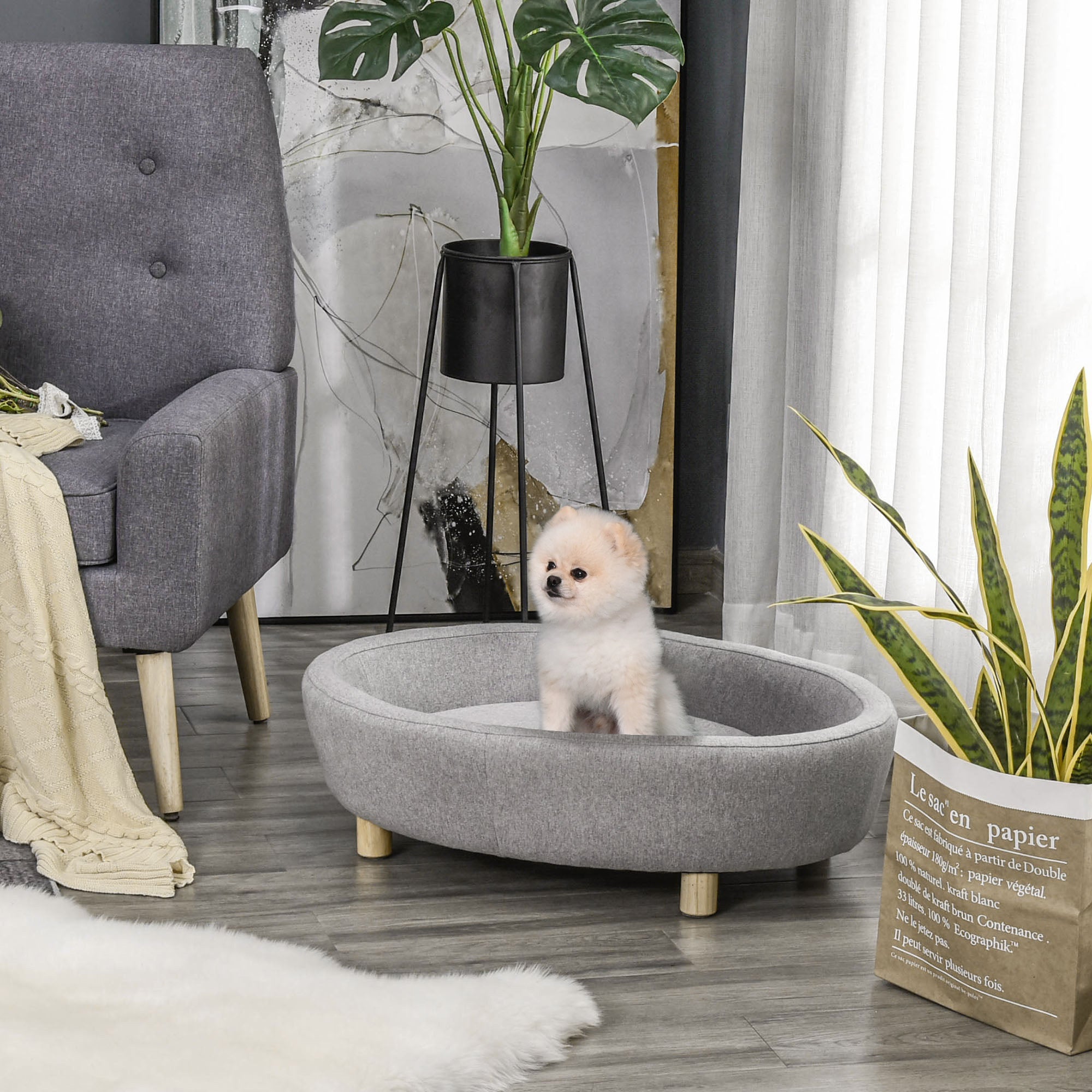 PawHut Dog Sofa Oval Shaped Pet Bed, Cat Chair Couch with Sponge Padded Cushion, Washable Cover, Wooden Legs for Small Dogs - Light Grey
