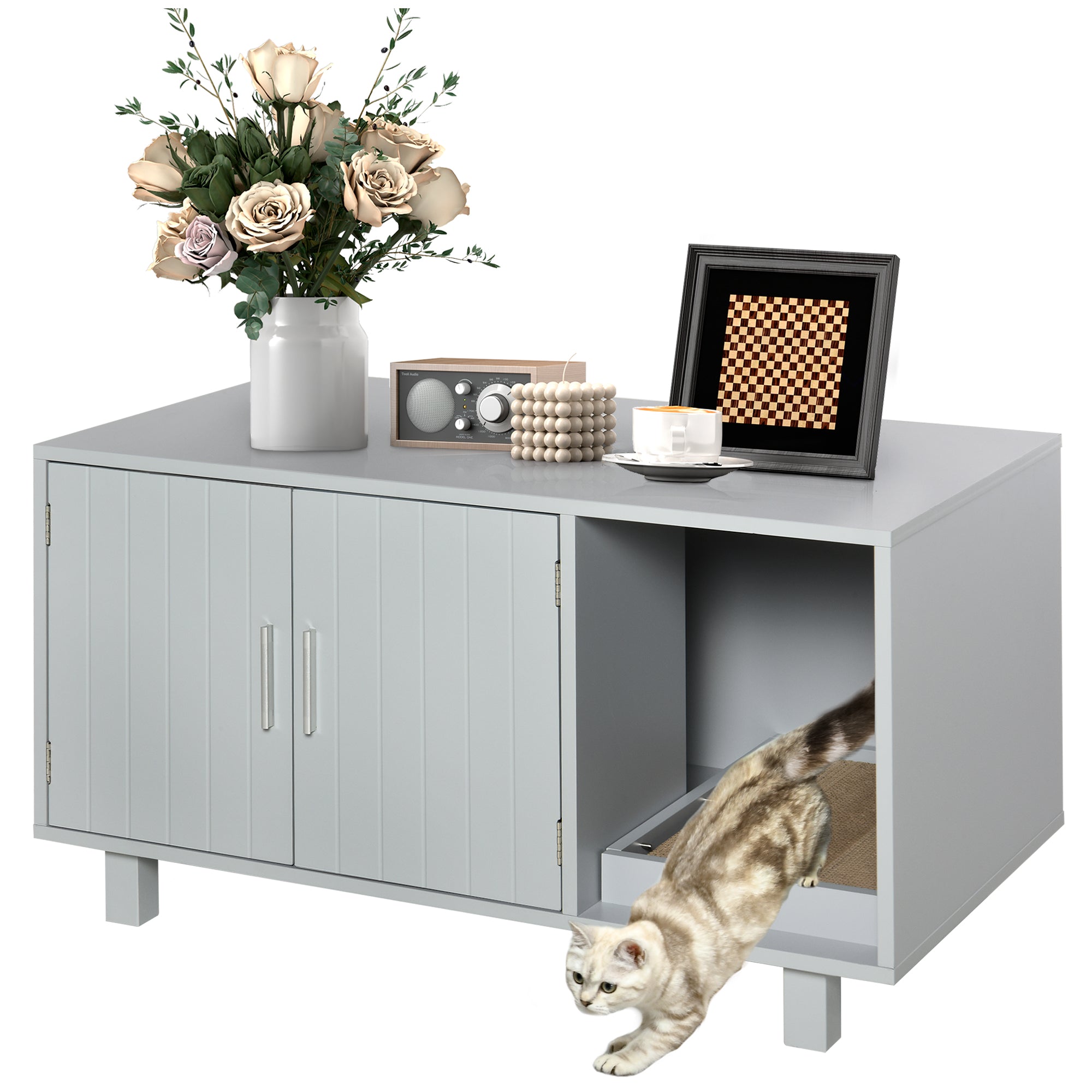 PawHut Cat Litter Box Enclosure, Hidden Litter Box Furniture, Cat House End Table Washroom with Scratching Pad, for Indoor Cats Kittens, Grey