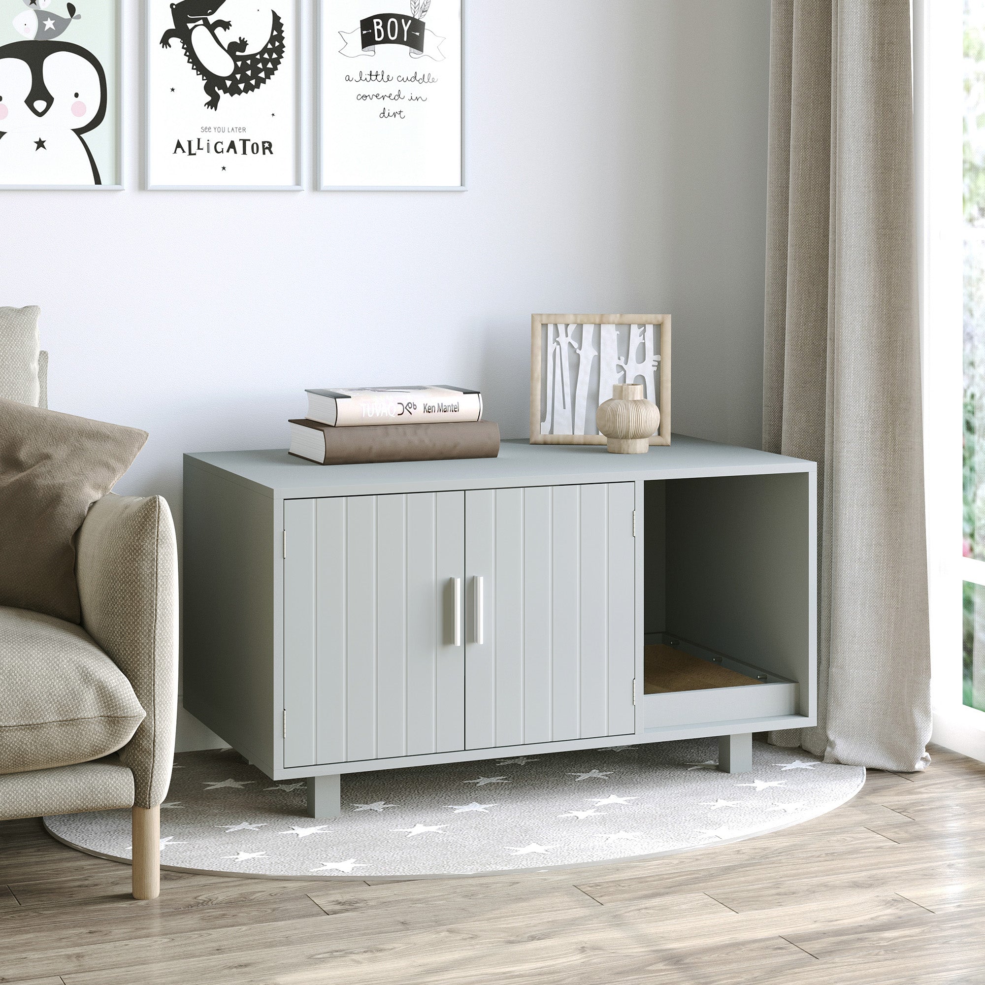 PawHut Cat Litter Box Enclosure, Hidden Litter Box Furniture, Cat House End Table Washroom with Scratching Pad, for Indoor Cats Kittens, Grey