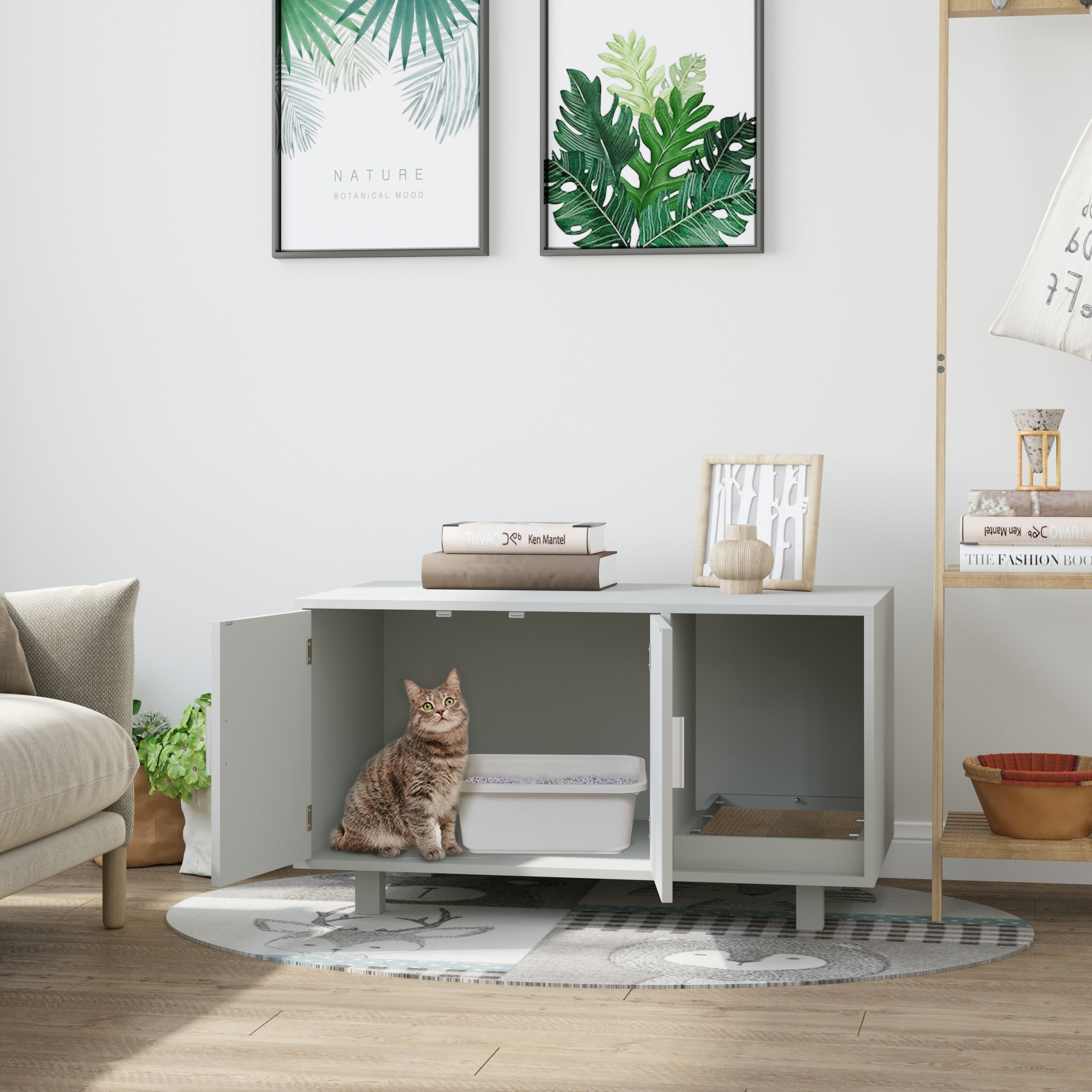 PawHut Cat Litter Box Enclosure, Hidden Litter Box Furniture, Cat House End Table Washroom with Scratching Pad, for Indoor Cats Kittens, Grey