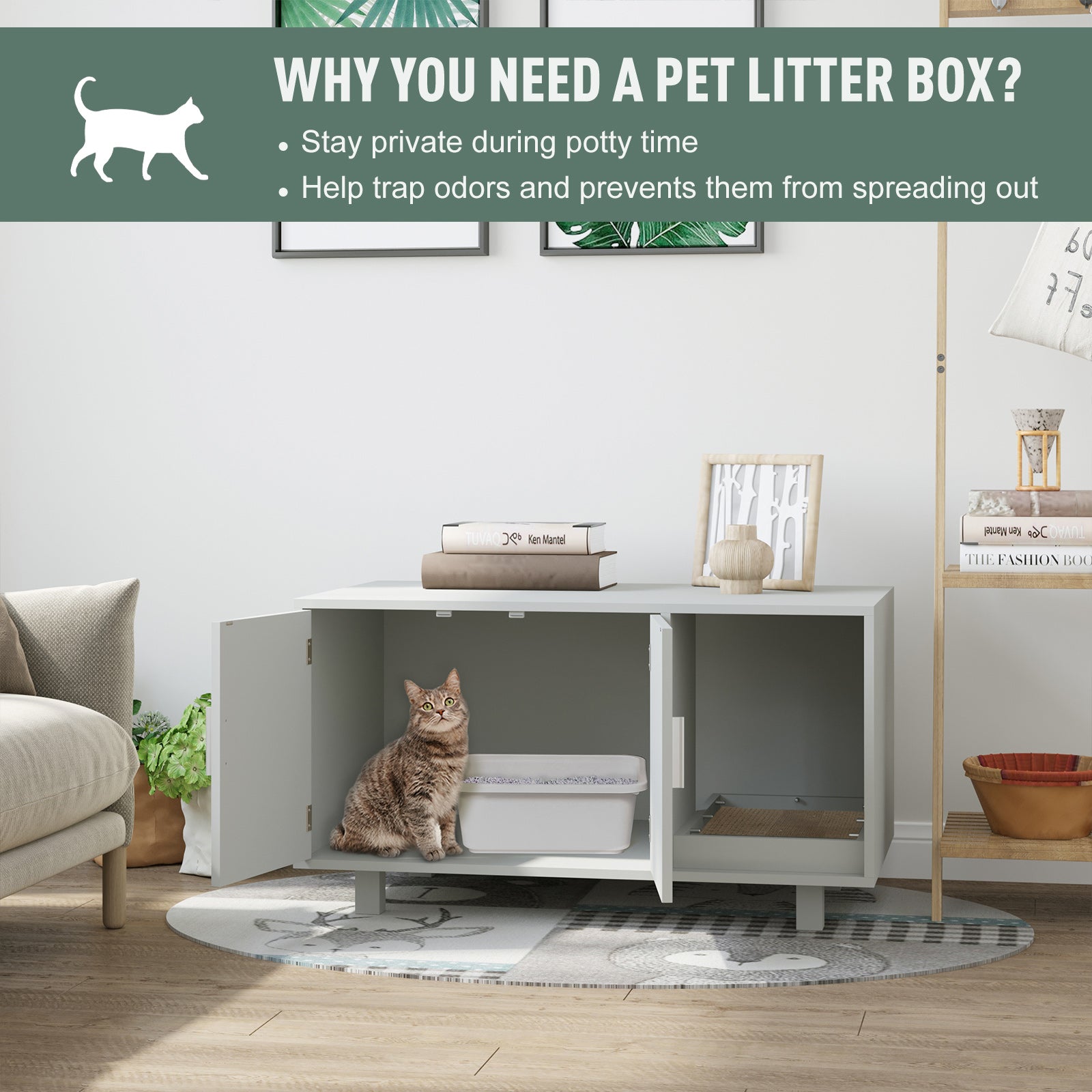 PawHut Cat Litter Box Enclosure, Hidden Litter Box Furniture, Cat House End Table Washroom with Scratching Pad, for Indoor Cats Kittens, Grey