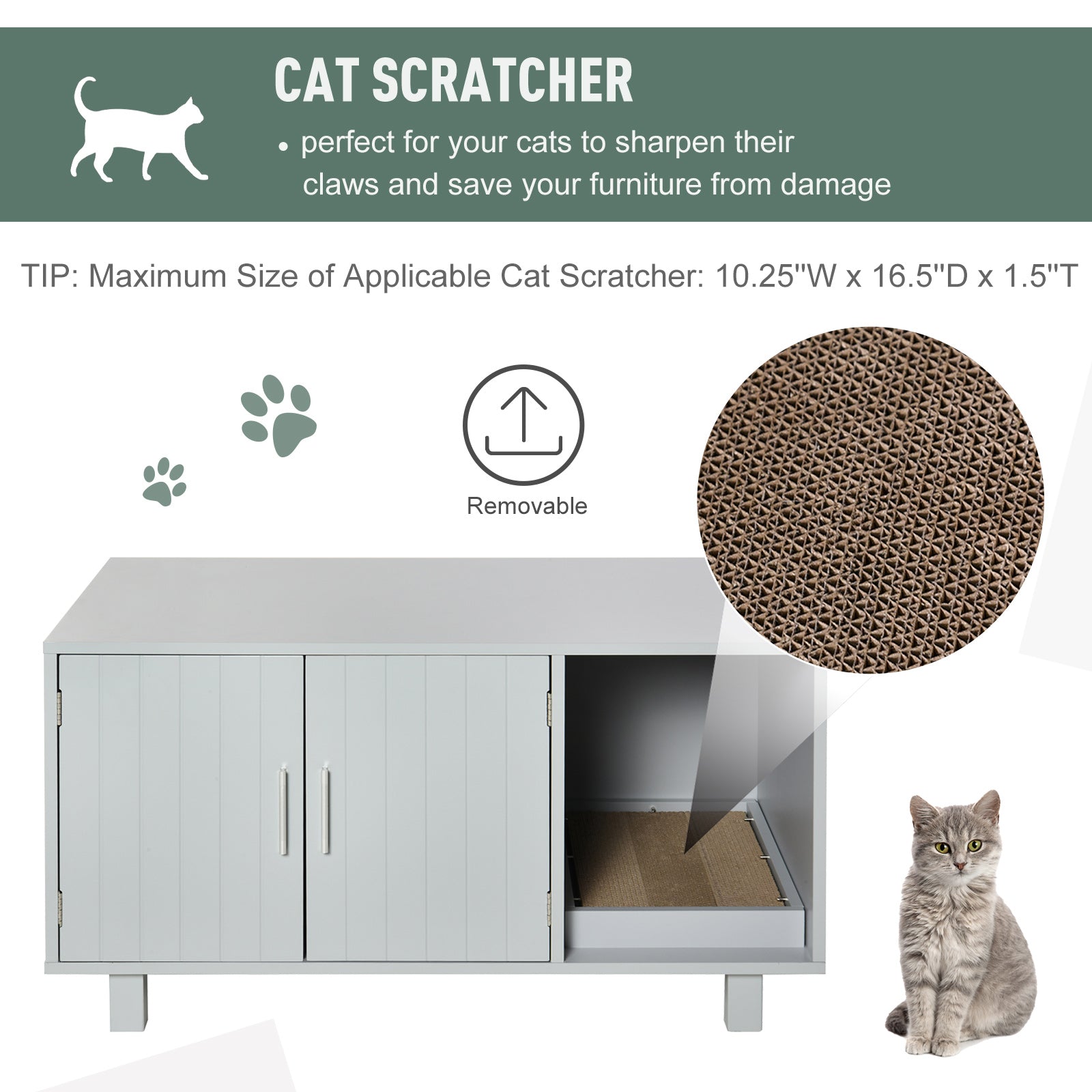 PawHut Cat Litter Box Enclosure, Hidden Litter Box Furniture, Cat House End Table Washroom with Scratching Pad, for Indoor Cats Kittens, Grey