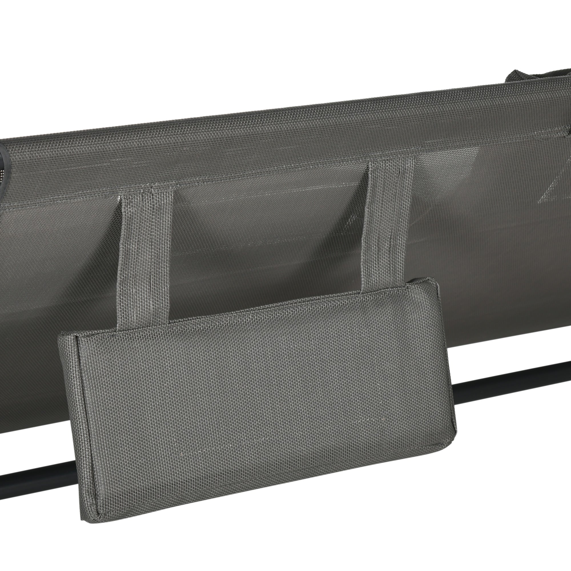 Outsunny Outdoor Patio Chaise Lounge Chair, Patio Sun Lounger w/ Sunshade Roof, for Two People with Wheels and Breathable Sling Mesh Bed, Pillows, Dark Gray