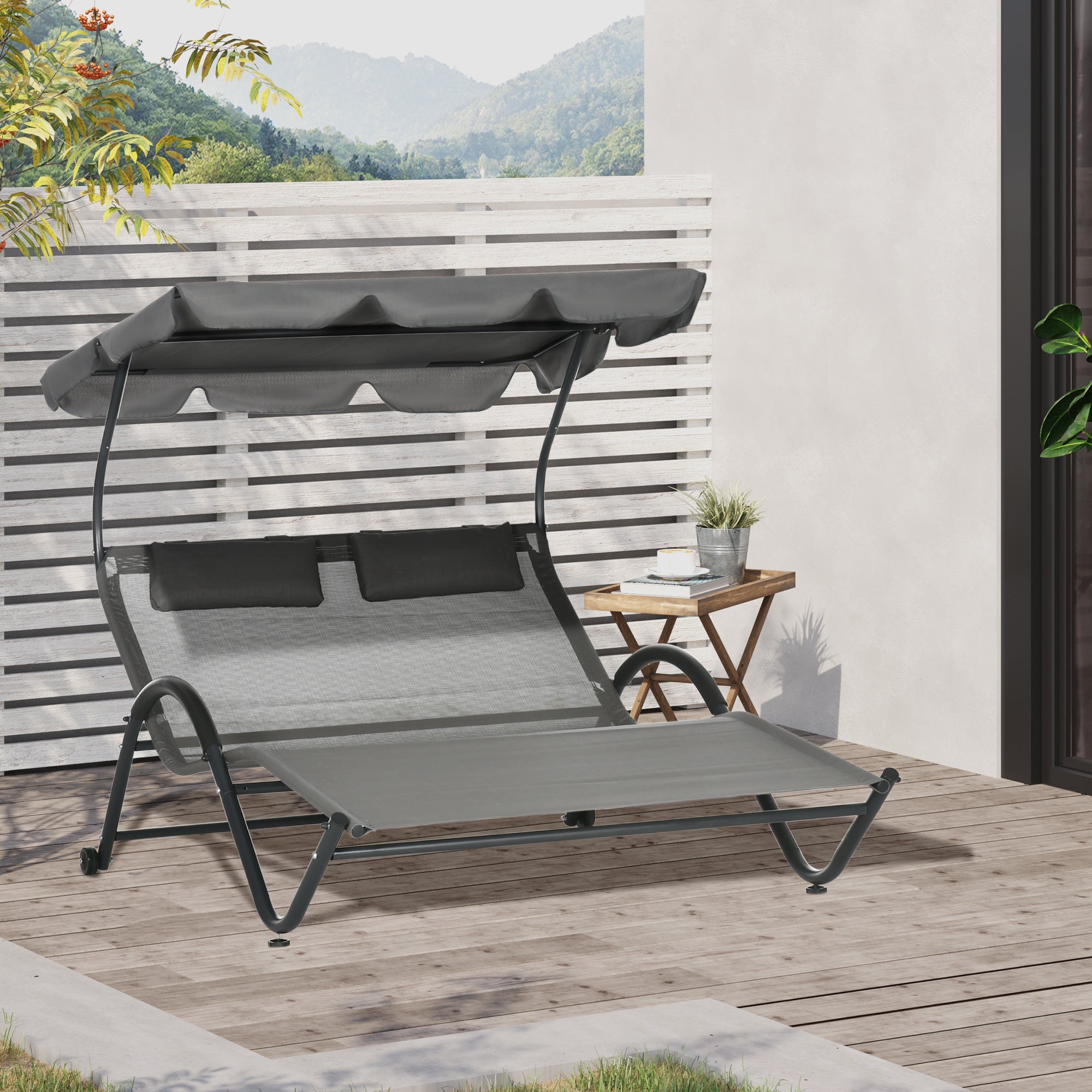 Outsunny Outdoor Patio Chaise Lounge Chair, Patio Sun Lounger w/ Sunshade Roof, for Two People with Wheels and Breathable Sling Mesh Bed, Pillows, Dark Gray