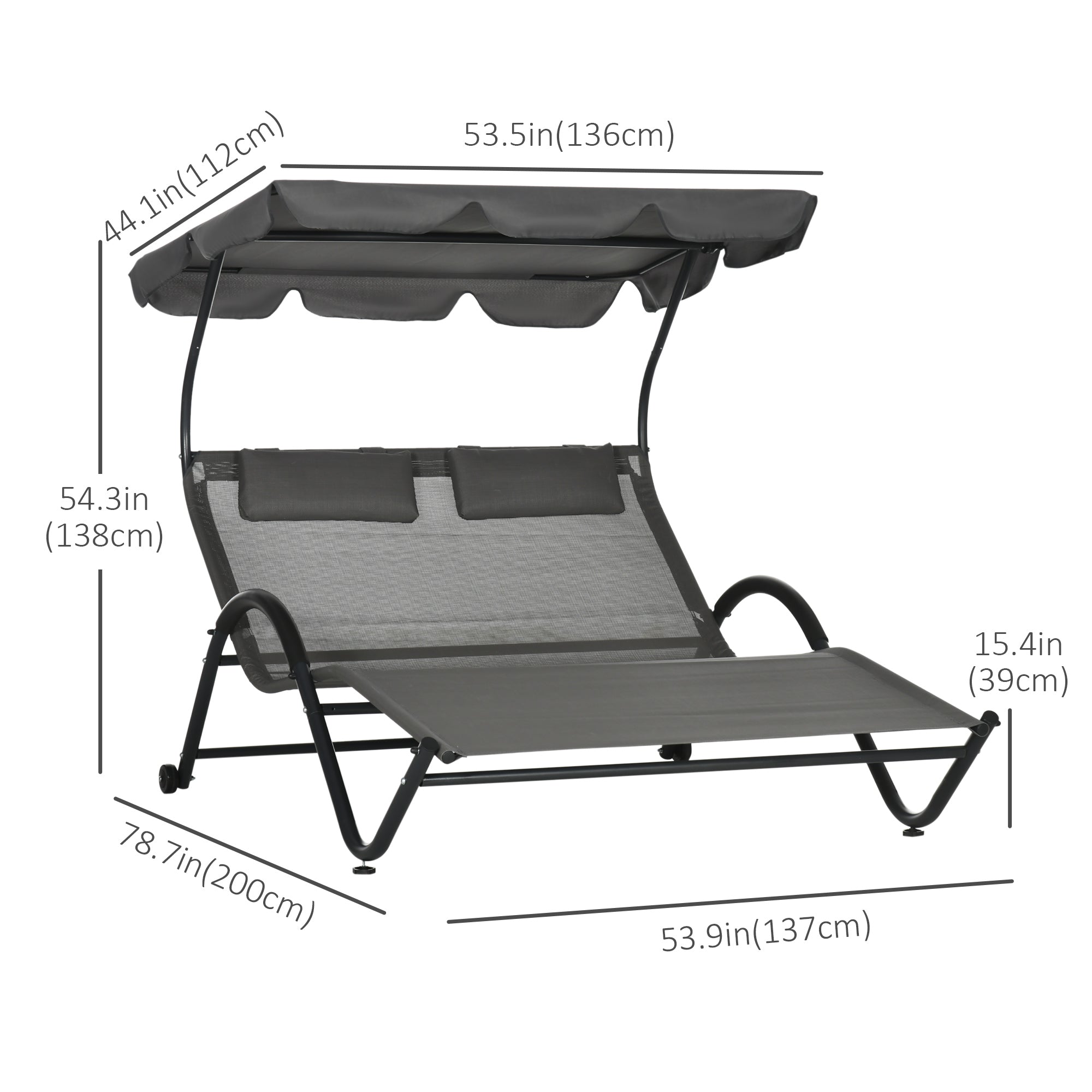 Outsunny Outdoor Patio Chaise Lounge Chair, Patio Sun Lounger w/ Sunshade Roof, for Two People with Wheels and Breathable Sling Mesh Bed, Pillows, Dark Gray