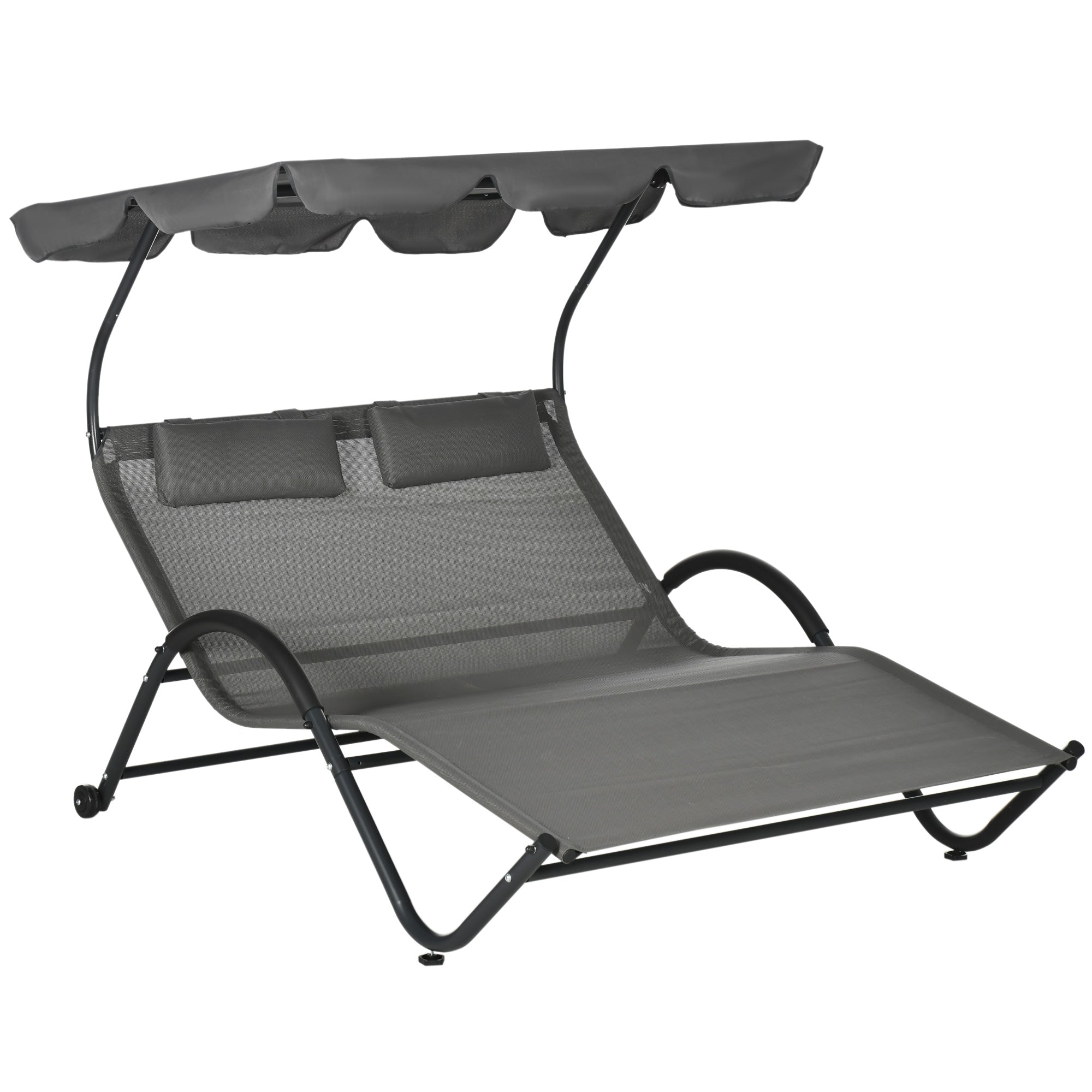 Outsunny Outdoor Patio Chaise Lounge Chair, Patio Sun Lounger w/ Sunshade Roof, for Two People with Wheels and Breathable Sling Mesh Bed, Pillows, Dark Gray