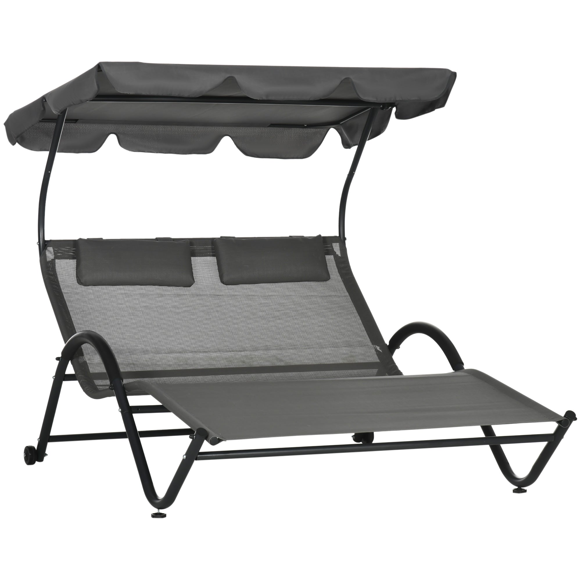 Outsunny Outdoor Patio Chaise Lounge Chair, Patio Sun Lounger w/ Sunshade Roof, for Two People with Wheels and Breathable Sling Mesh Bed, Pillows, Dark Gray