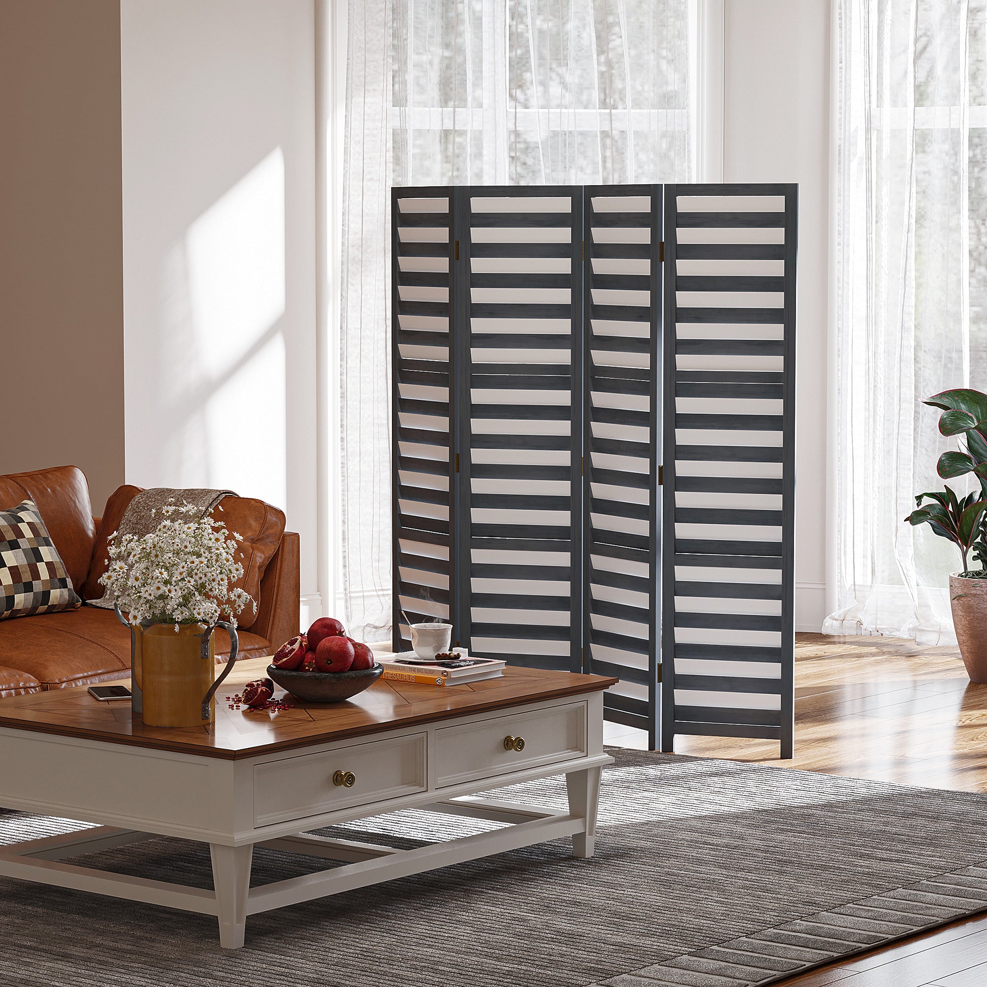 HOMCOM 5.6 Ft. Tall 4-Panel Room Divider, Louvred Pattern Freestanding Folding Privacy Screen Panels, Partition Wall Divider for Indoor Bedroom Office