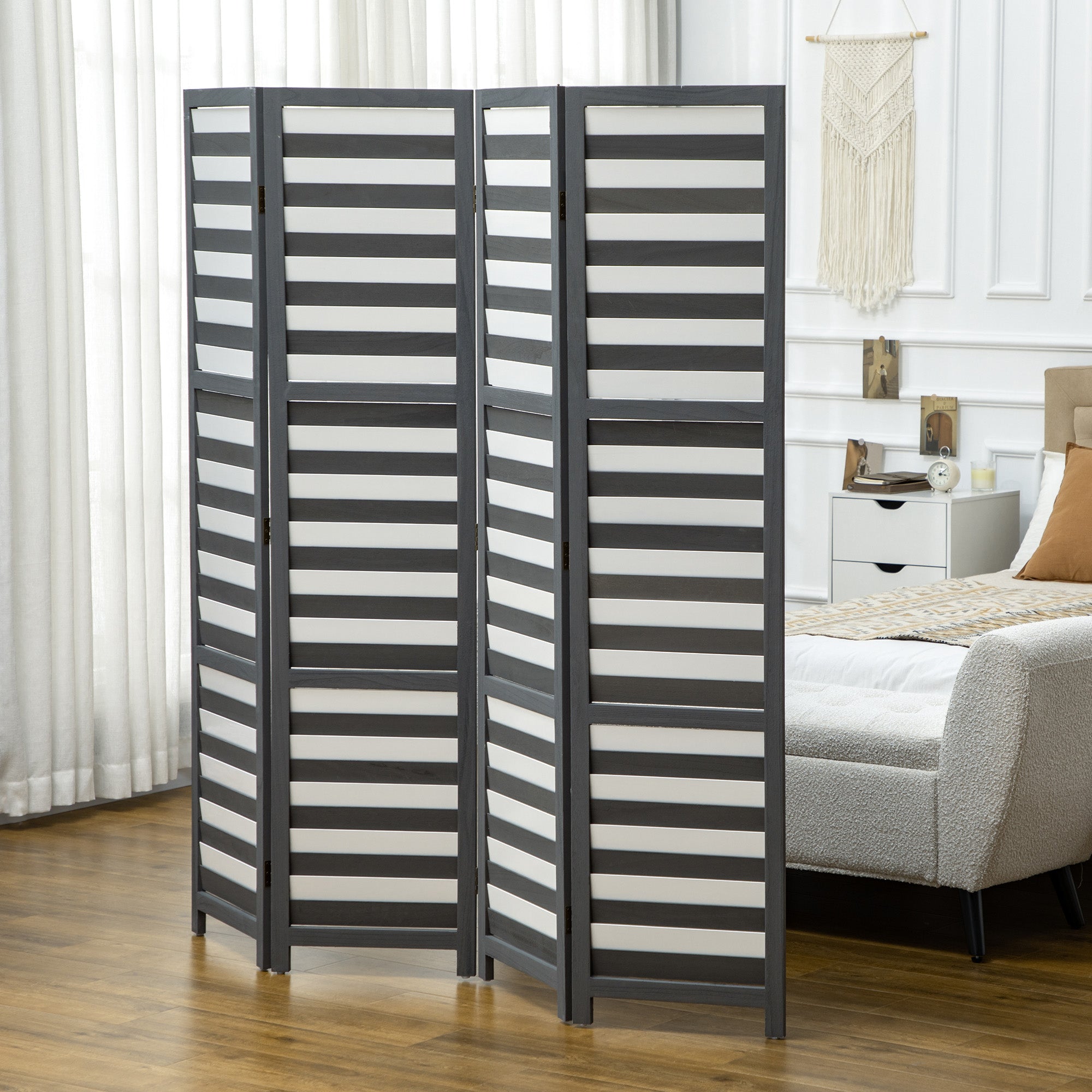 HOMCOM 5.6 Ft. Tall 4-Panel Room Divider, Louvred Pattern Freestanding Folding Privacy Screen Panels, Partition Wall Divider for Indoor Bedroom Office