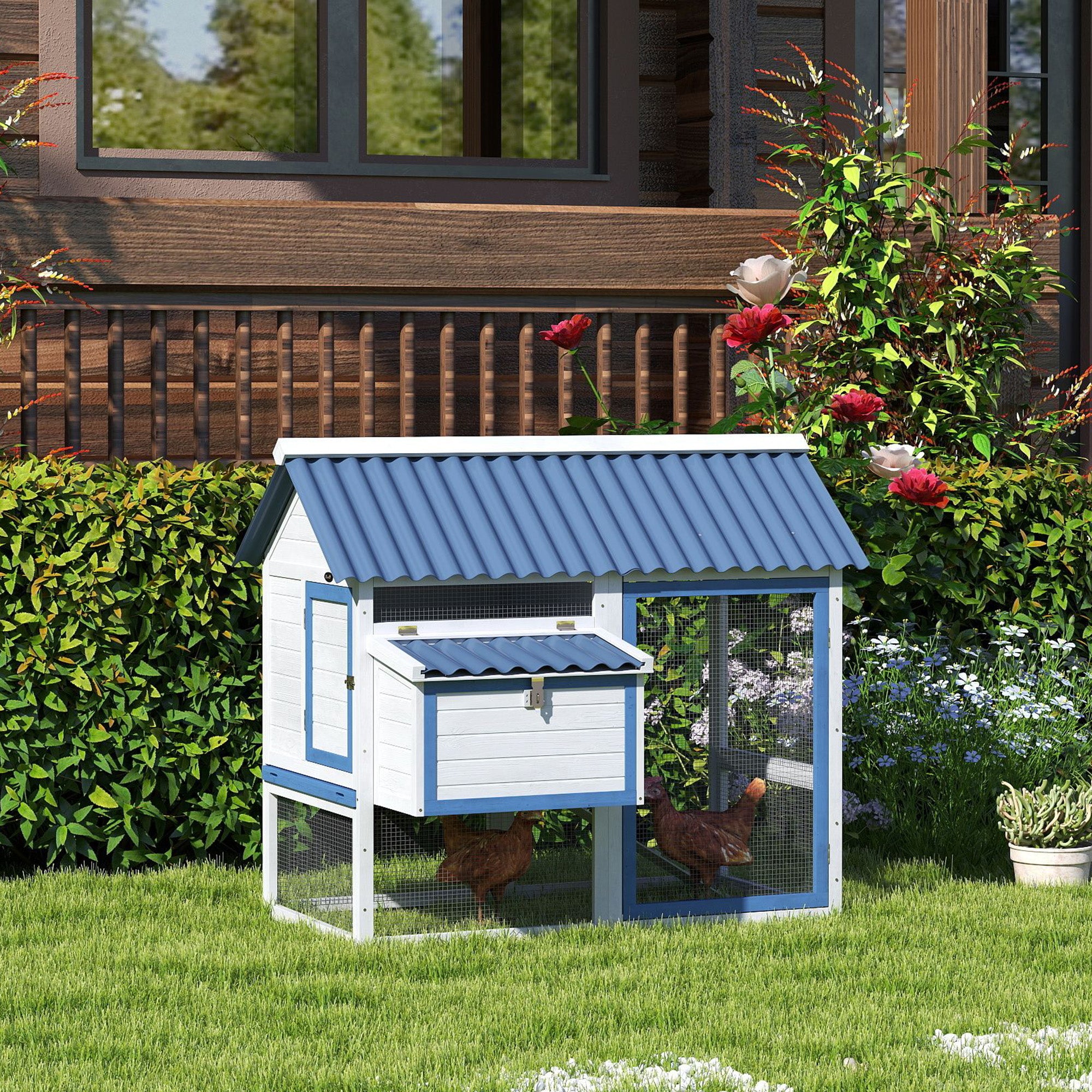 PawHut 55.5" Chicken Coop, Wooden Hen House with Run Box, Nesting Box, Removable Tray, Ramp, Outdoor Backyard Poultry Cage for 2-3 Chickens, White