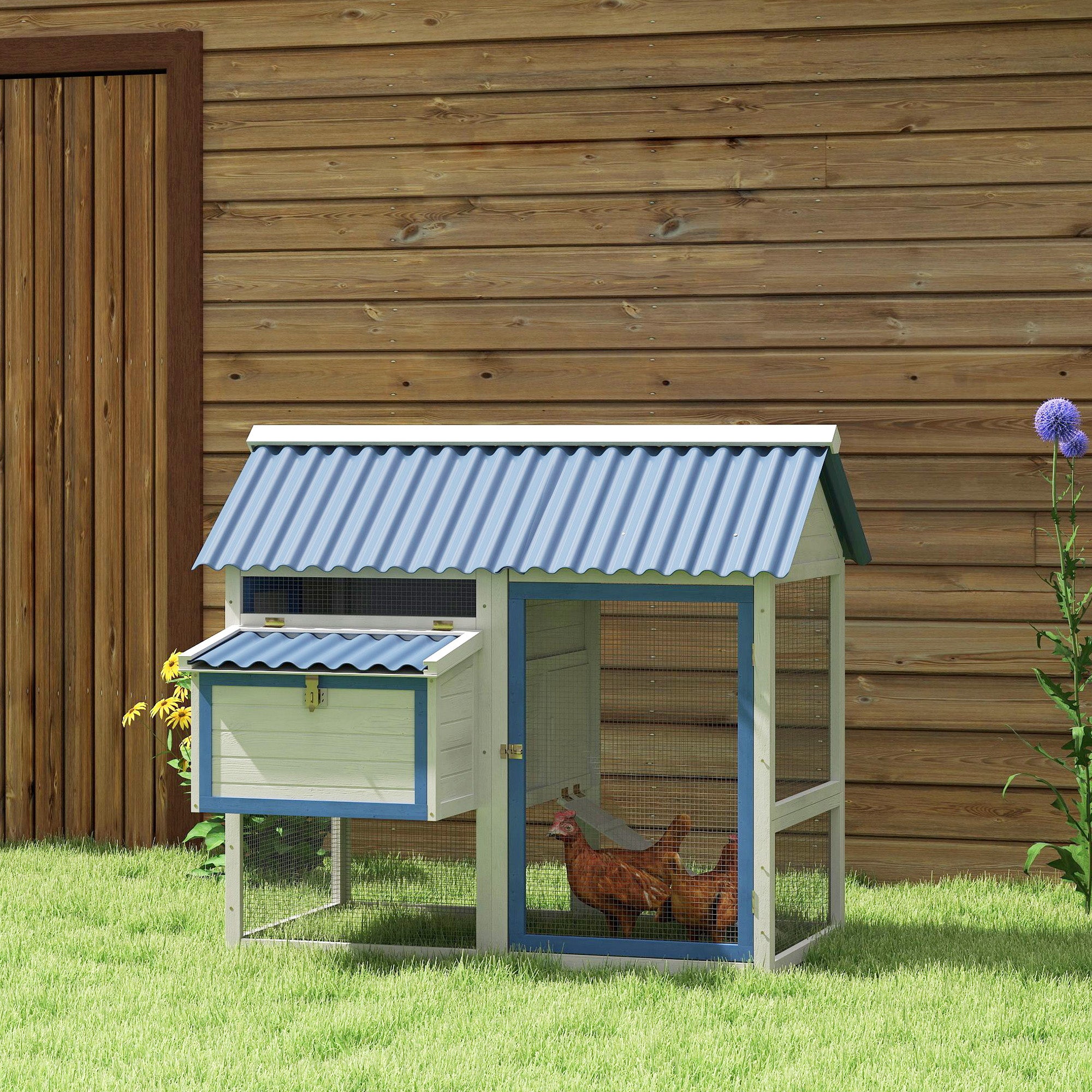 PawHut 55.5" Chicken Coop, Wooden Hen House with Run Box, Nesting Box, Removable Tray, Ramp, Outdoor Backyard Poultry Cage for 2-3 Chickens, White