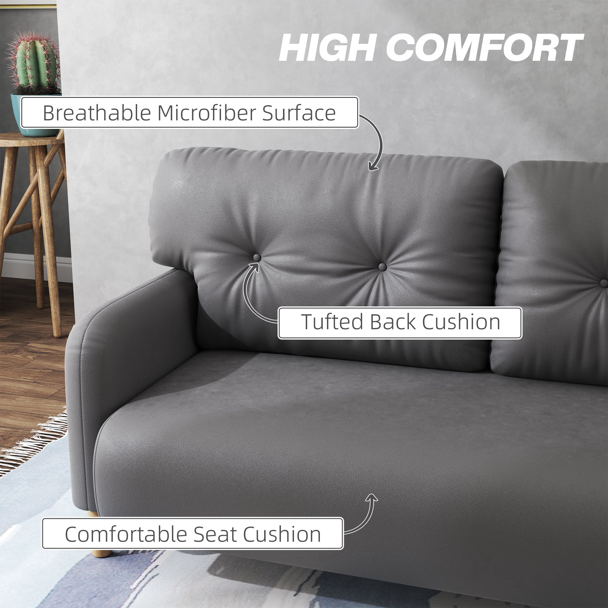 HOMCOM 58" Loveseat Sofa for Bedroom, Modern Love Seats Furniture, Upholstered 2 Seater Couch with 2 Tufted Back Cushion, Steel Frame and Beech Wood Legs for Living Room, Grey