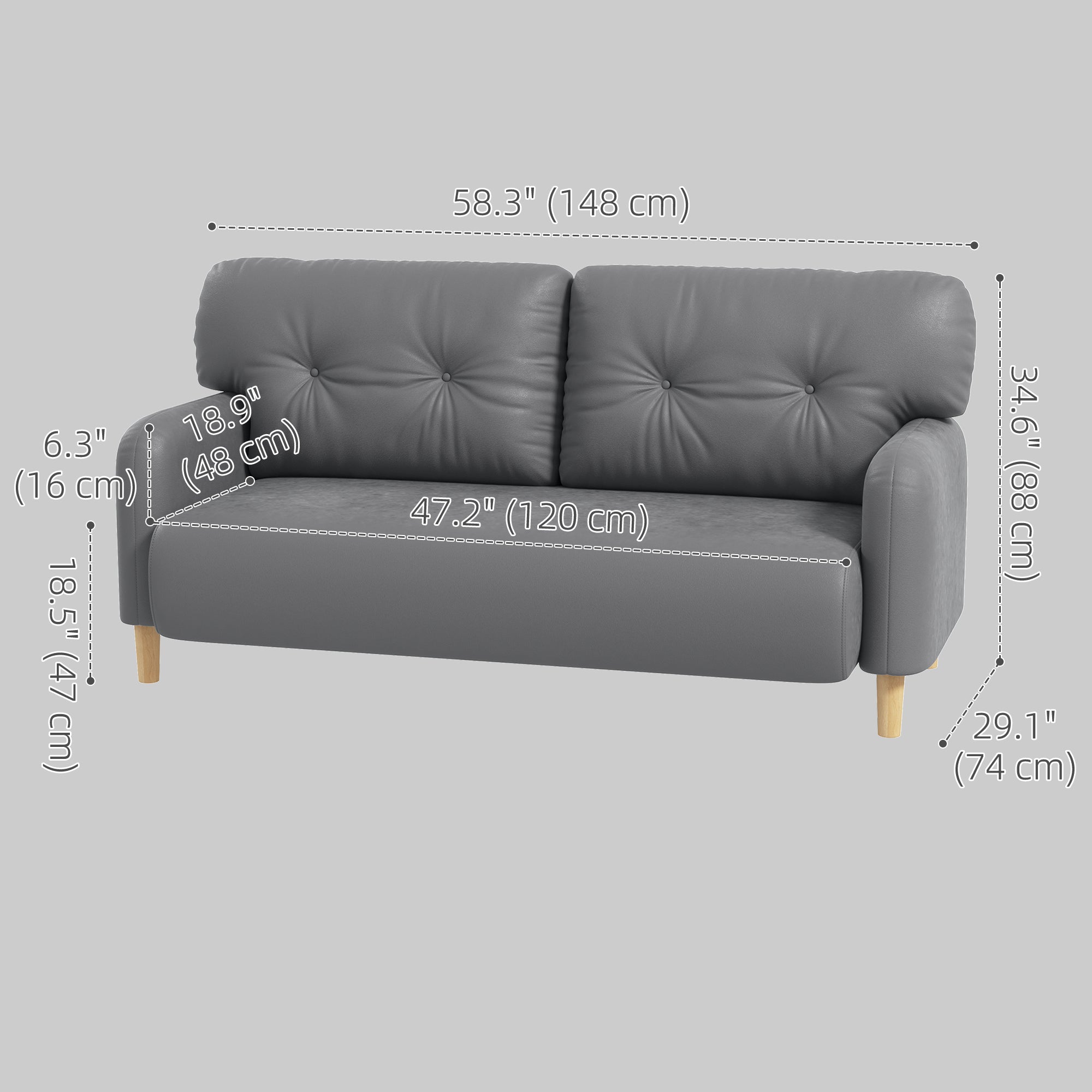 HOMCOM 58" Loveseat Sofa for Bedroom, Modern Love Seats Furniture, Upholstered 2 Seater Couch with 2 Tufted Back Cushion, Steel Frame and Beech Wood Legs for Living Room, Grey