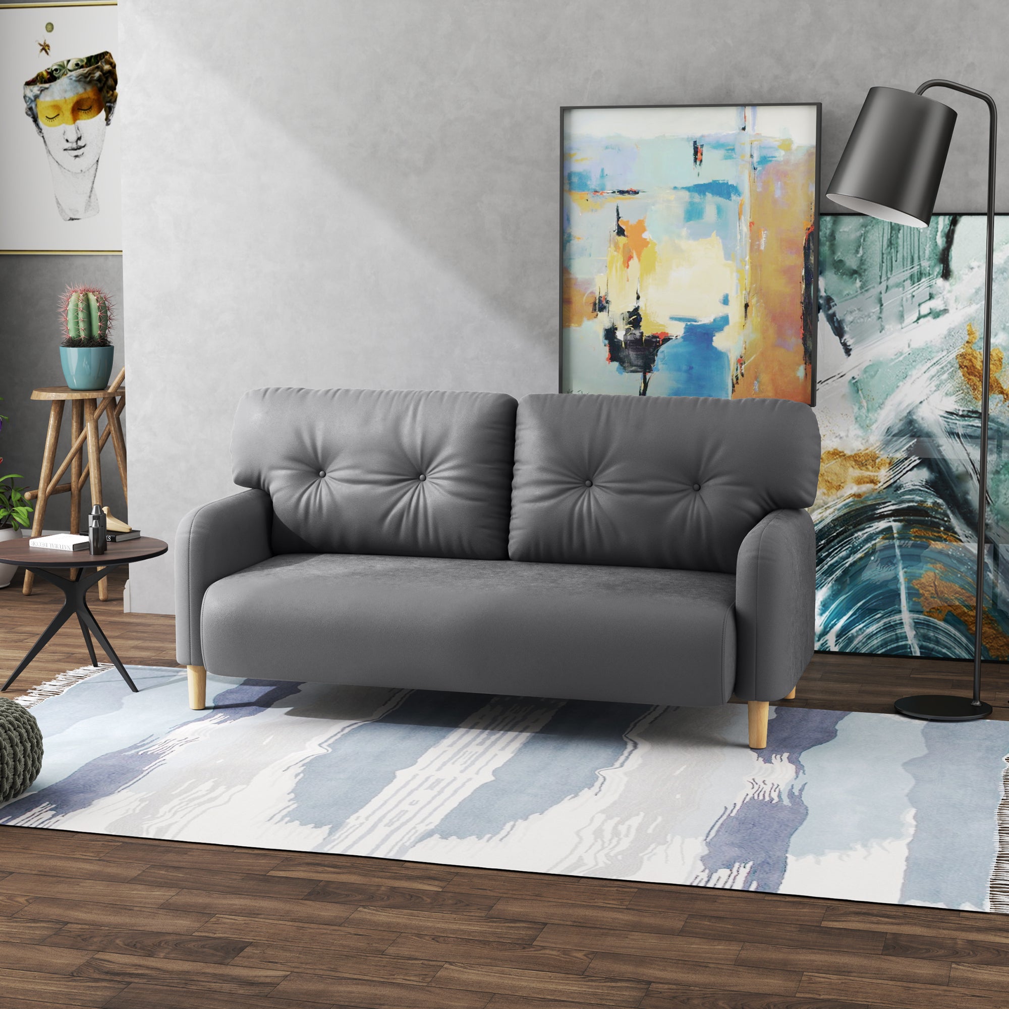 HOMCOM 58" Loveseat Sofa for Bedroom, Modern Love Seats Furniture, Upholstered 2 Seater Couch with 2 Tufted Back Cushion, Steel Frame and Beech Wood Legs for Living Room, Grey