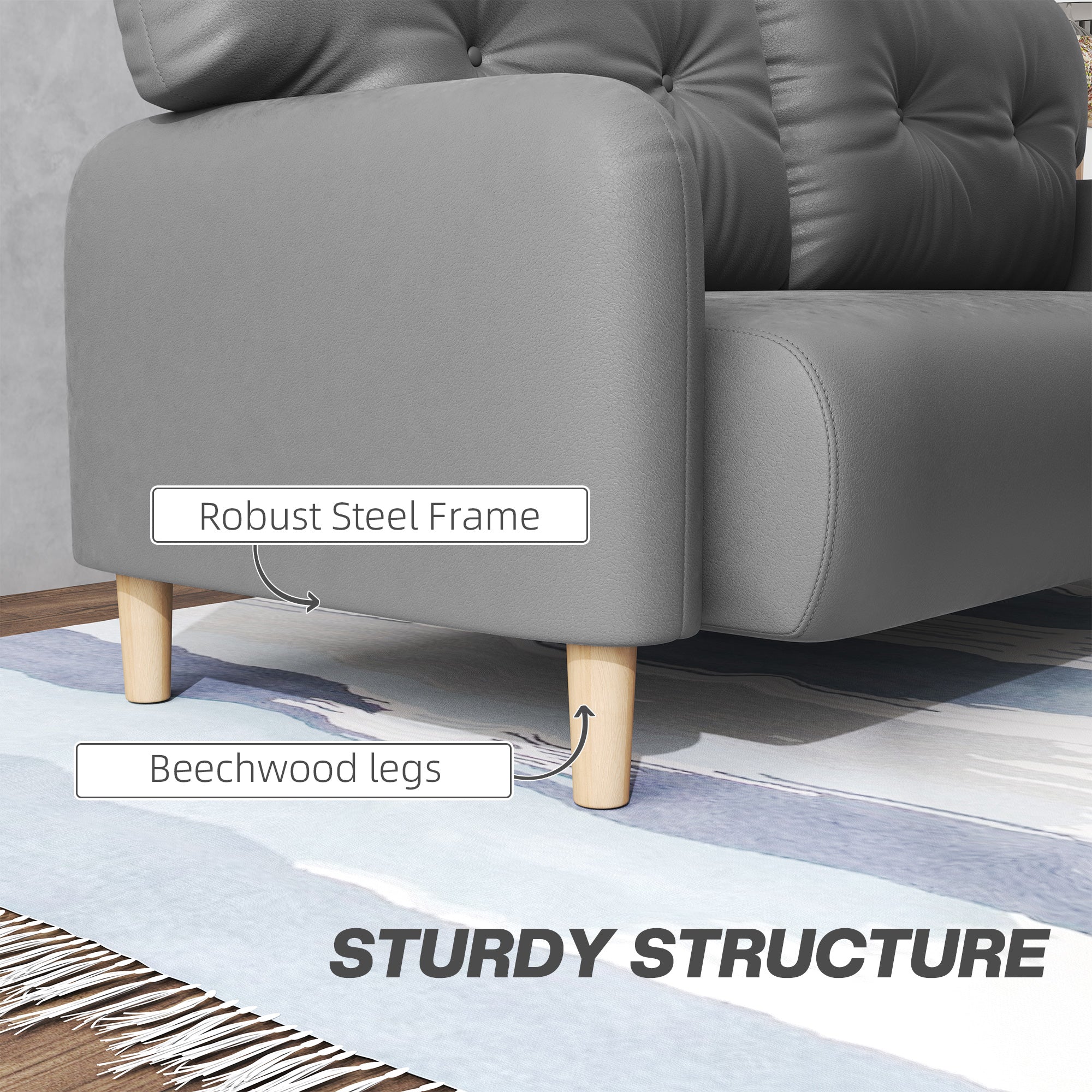 HOMCOM 58" Loveseat Sofa for Bedroom, Modern Love Seats Furniture, Upholstered 2 Seater Couch with 2 Tufted Back Cushion, Steel Frame and Beech Wood Legs for Living Room, Grey