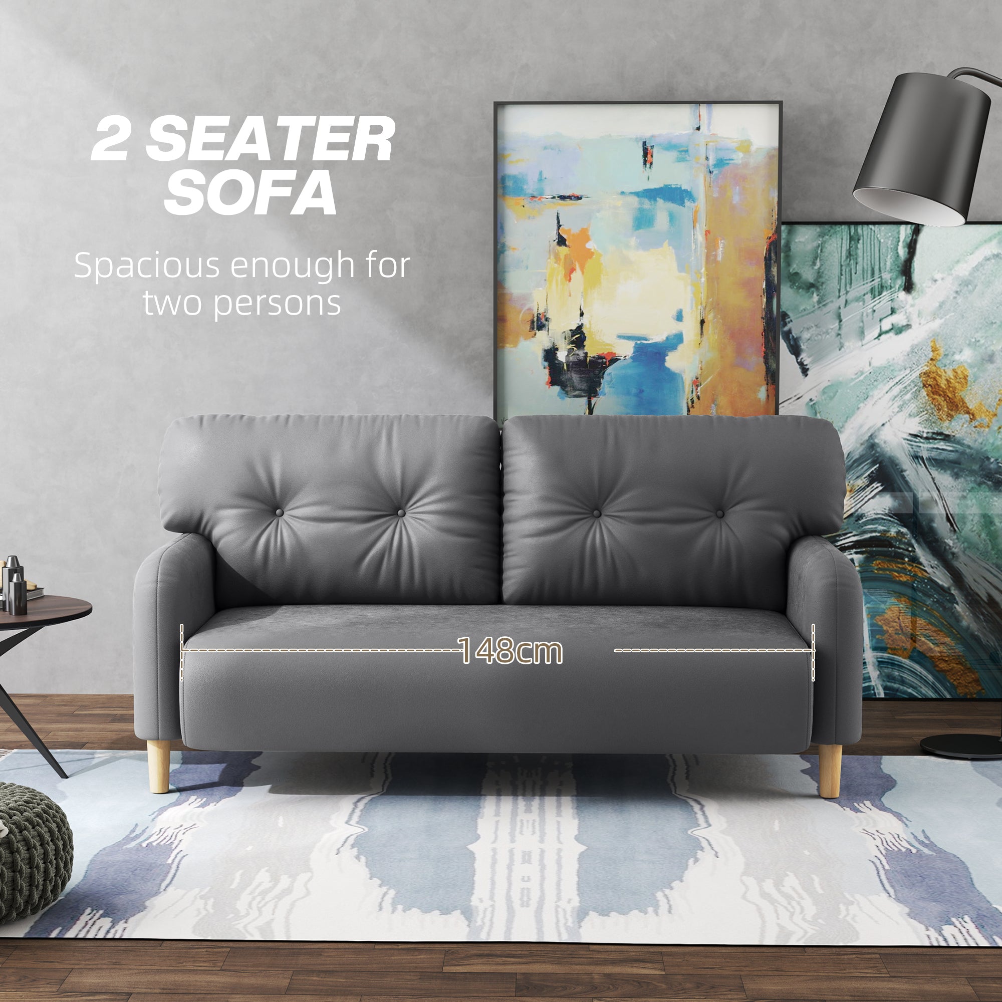 HOMCOM 58" Loveseat Sofa for Bedroom, Modern Love Seats Furniture, Upholstered 2 Seater Couch with 2 Tufted Back Cushion, Steel Frame and Beech Wood Legs for Living Room, Grey