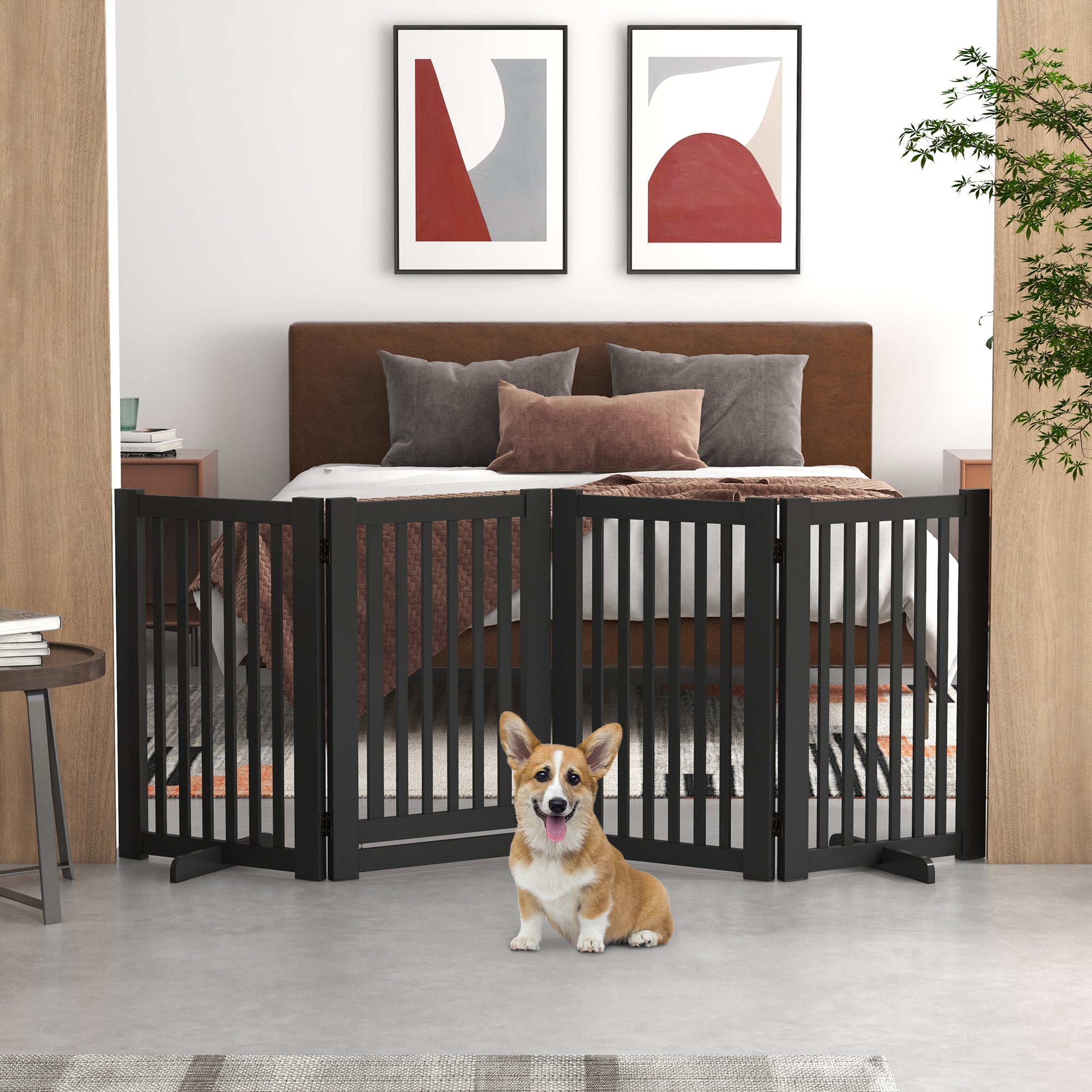 PawHut Free Standing Wooden Pet Gate Indoor Dog Barrier Foldable Step Over Doorway Fence Safety Gate with Open Door Z Shape 4 Panel Black