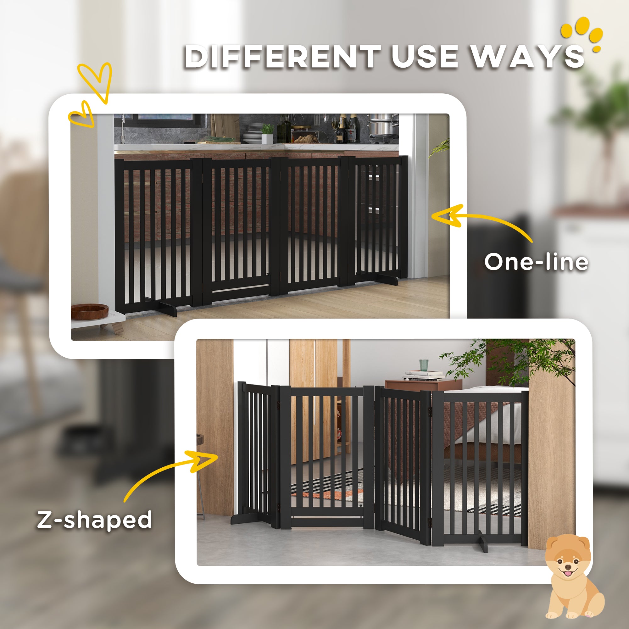 PawHut Free Standing Wooden Pet Gate Indoor Dog Barrier Foldable Step Over Doorway Fence Safety Gate with Open Door Z Shape 4 Panel Black