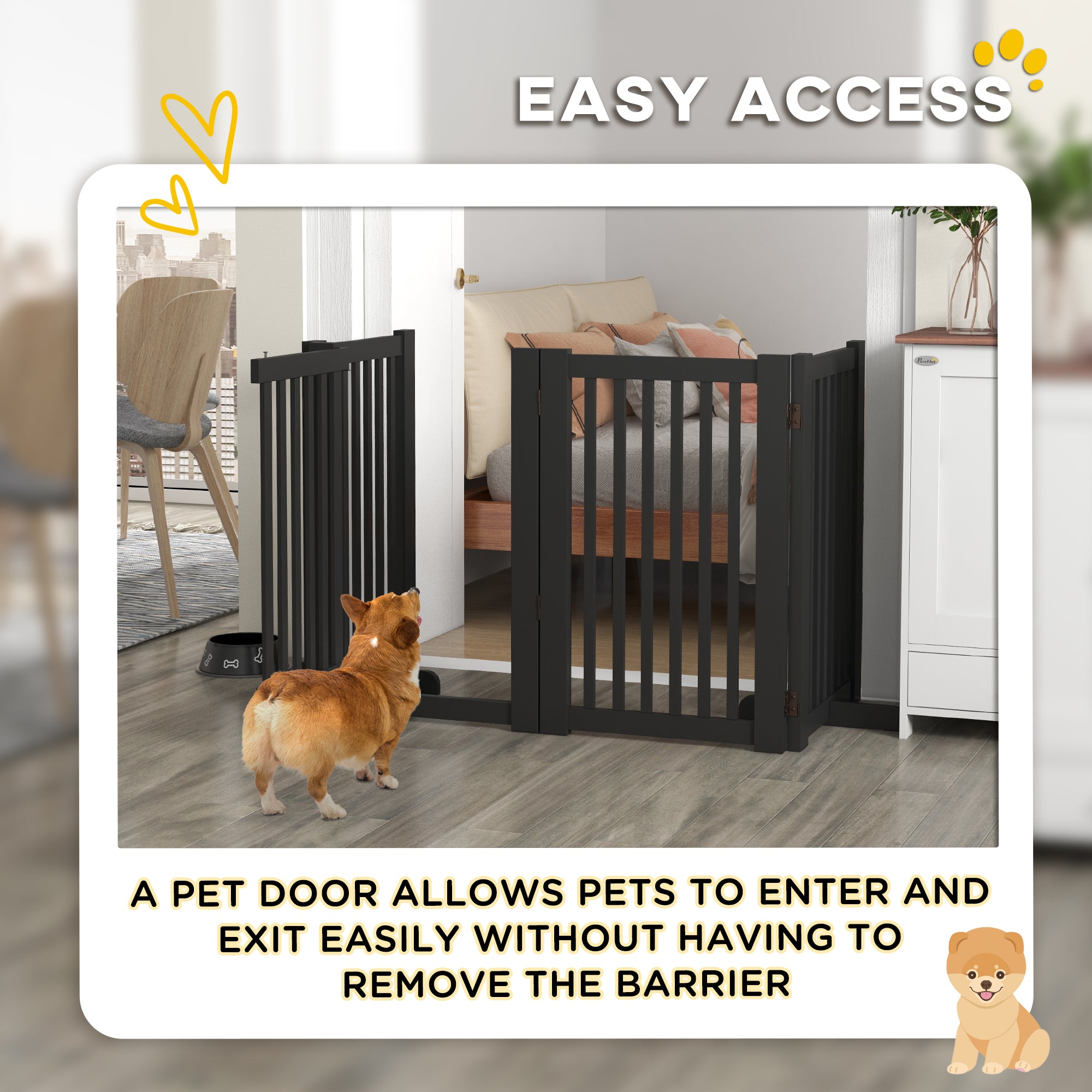 PawHut Free Standing Wooden Pet Gate Indoor Dog Barrier Foldable Step Over Doorway Fence Safety Gate with Open Door Z Shape 4 Panel Black