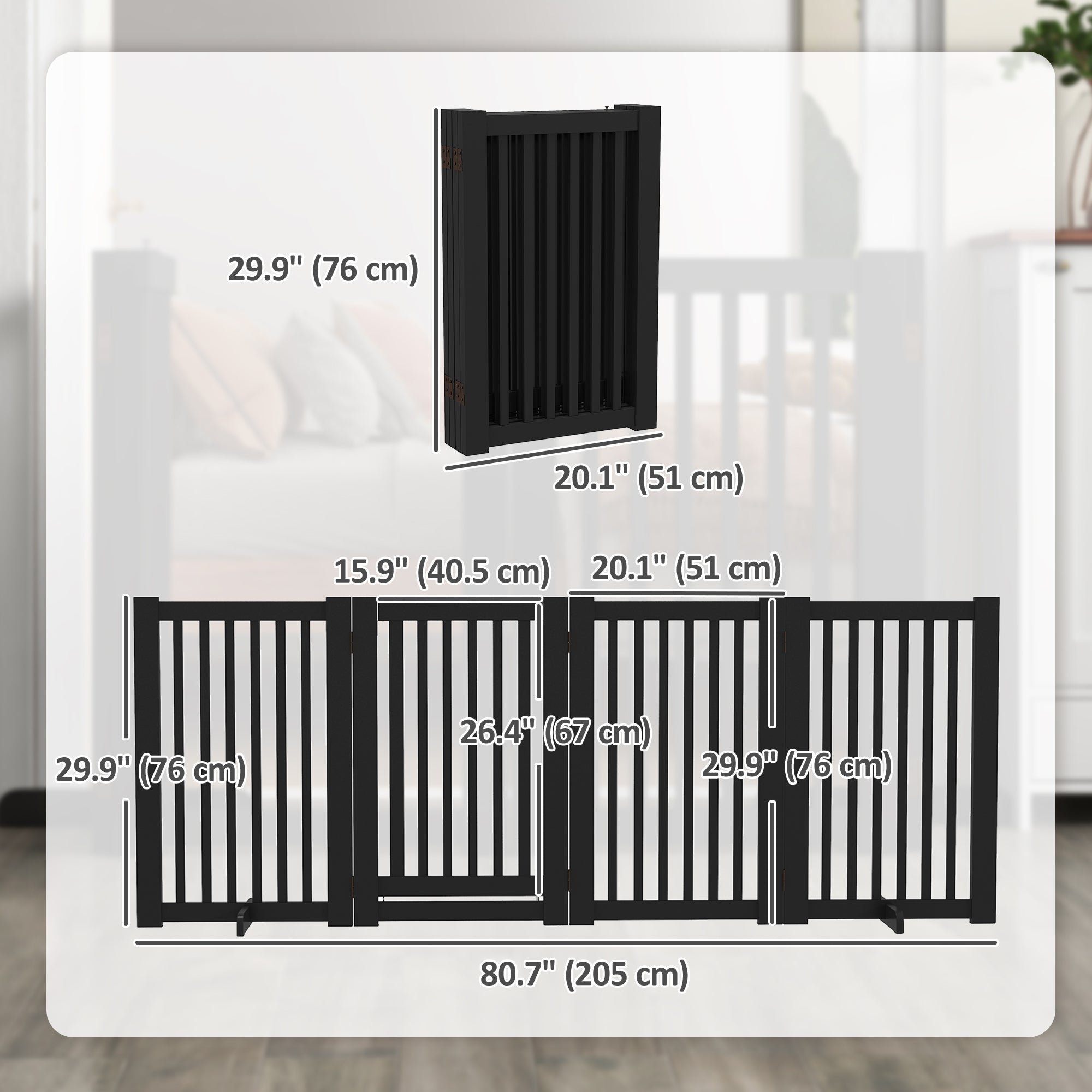 PawHut Free Standing Wooden Pet Gate Indoor Dog Barrier Foldable Step Over Doorway Fence Safety Gate with Open Door Z Shape 4 Panel Black