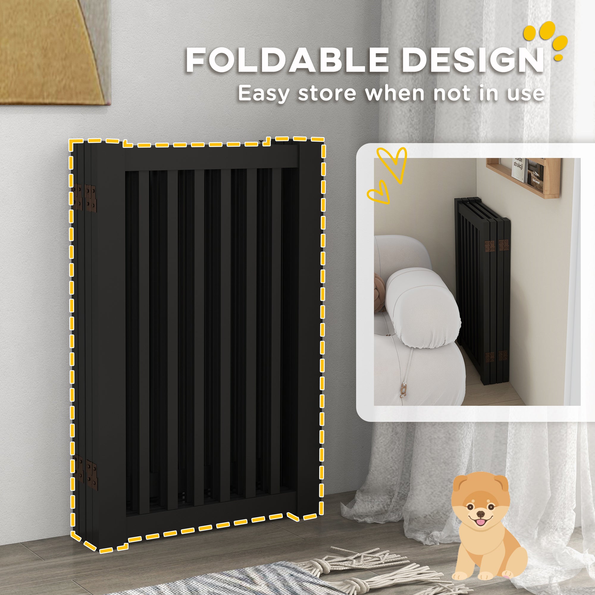 PawHut Free Standing Wooden Pet Gate Indoor Dog Barrier Foldable Step Over Doorway Fence Safety Gate with Open Door Z Shape 4 Panel Black