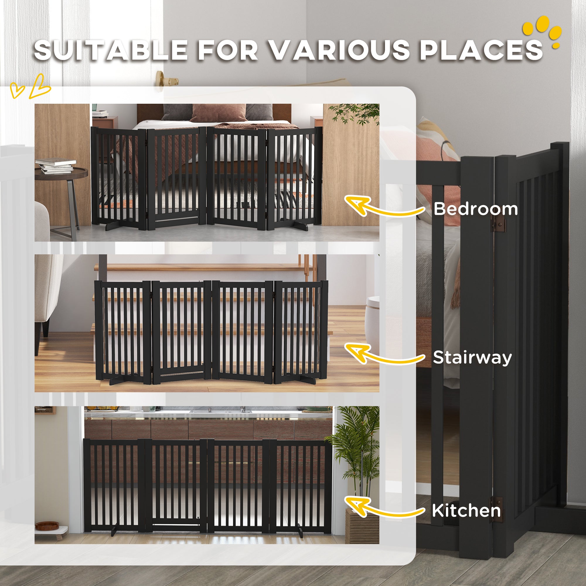 PawHut Free Standing Wooden Pet Gate Indoor Dog Barrier Foldable Step Over Doorway Fence Safety Gate with Open Door Z Shape 4 Panel Black