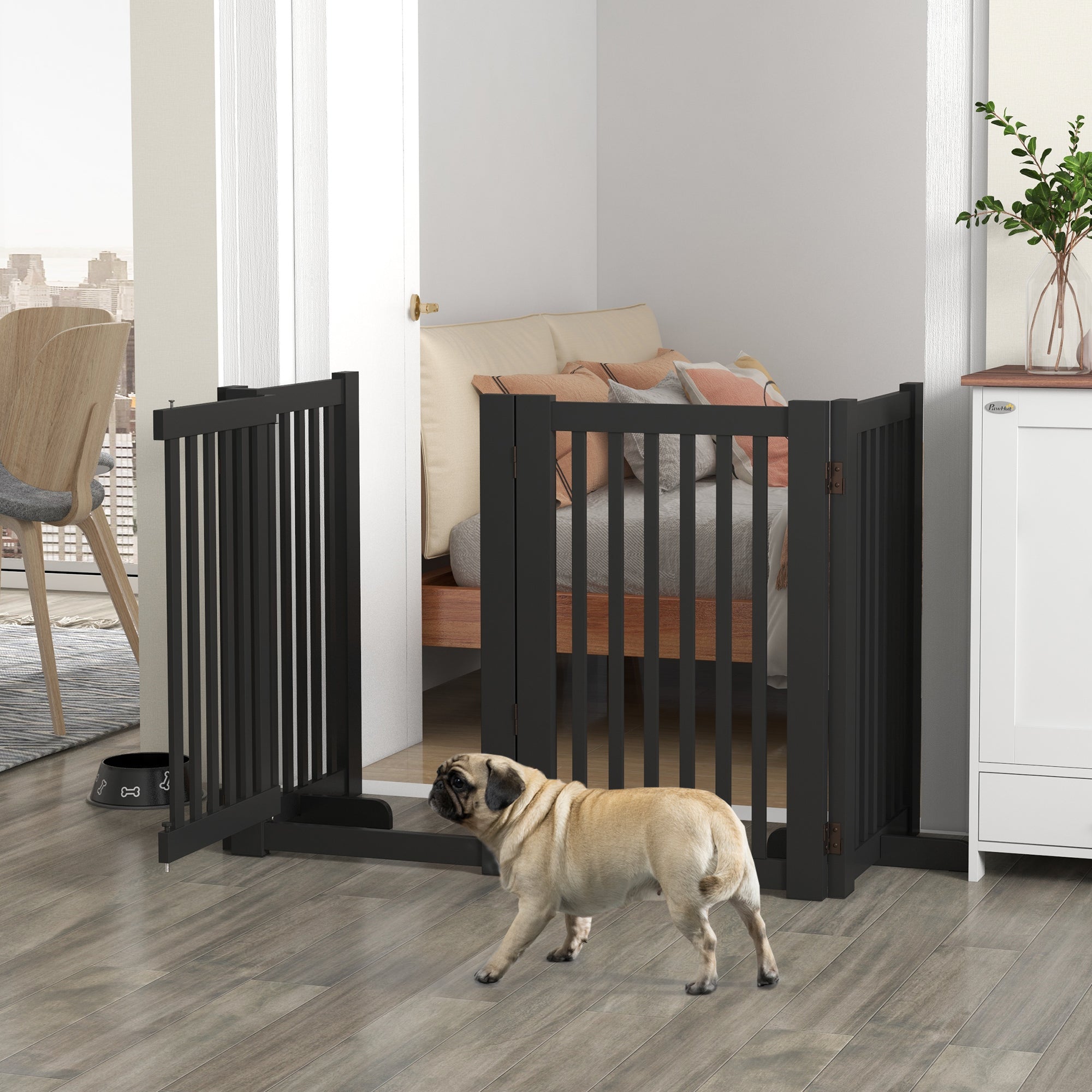 PawHut Free Standing Wooden Pet Gate Indoor Dog Barrier Foldable Step Over Doorway Fence Safety Gate with Open Door Z Shape 4 Panel Black