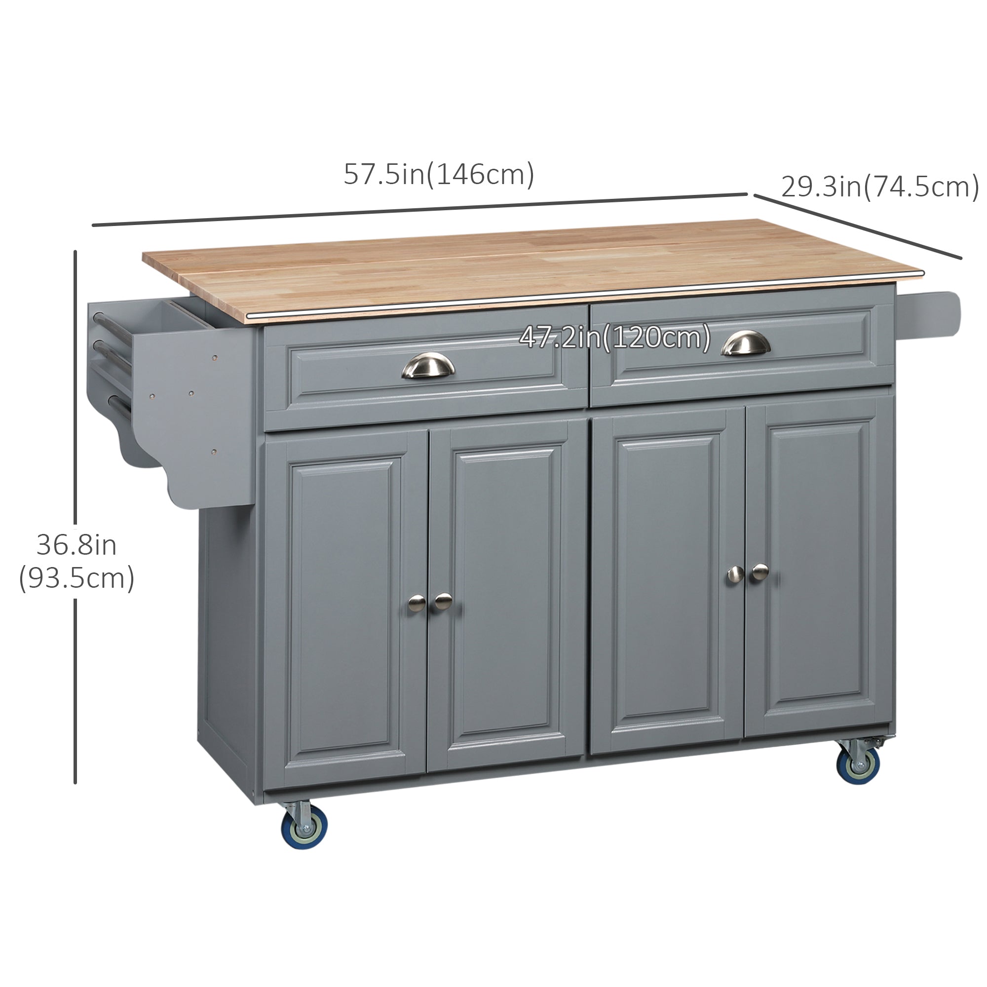 HOMCOM Kitchen Island with Storage, Rolling Kitchen Island with Drop Leaf, Solid Wood Top, 2 Drawers, 2 Cabinets, Adjustable Shelves and Knife Rack, Grey