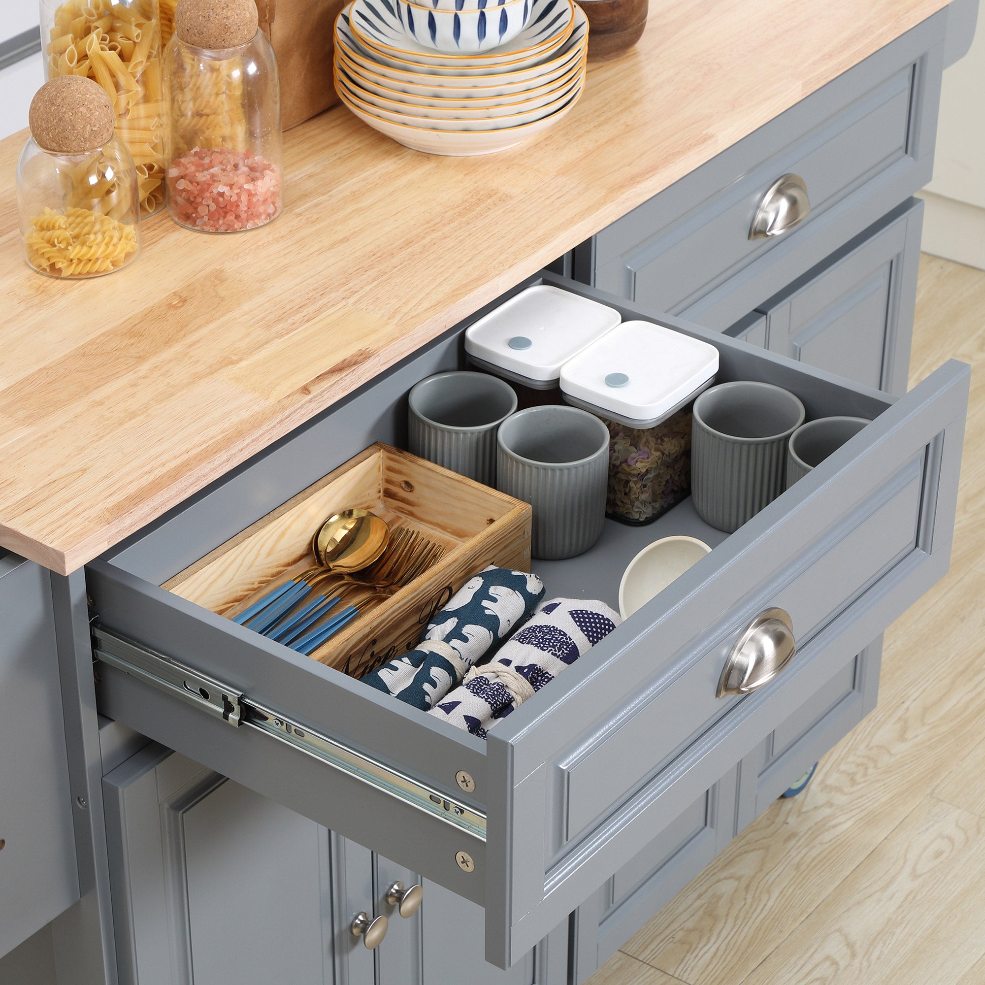 HOMCOM Kitchen Island with Storage, Rolling Kitchen Island with Drop Leaf, Solid Wood Top, 2 Drawers, 2 Cabinets, Adjustable Shelves and Knife Rack, Grey