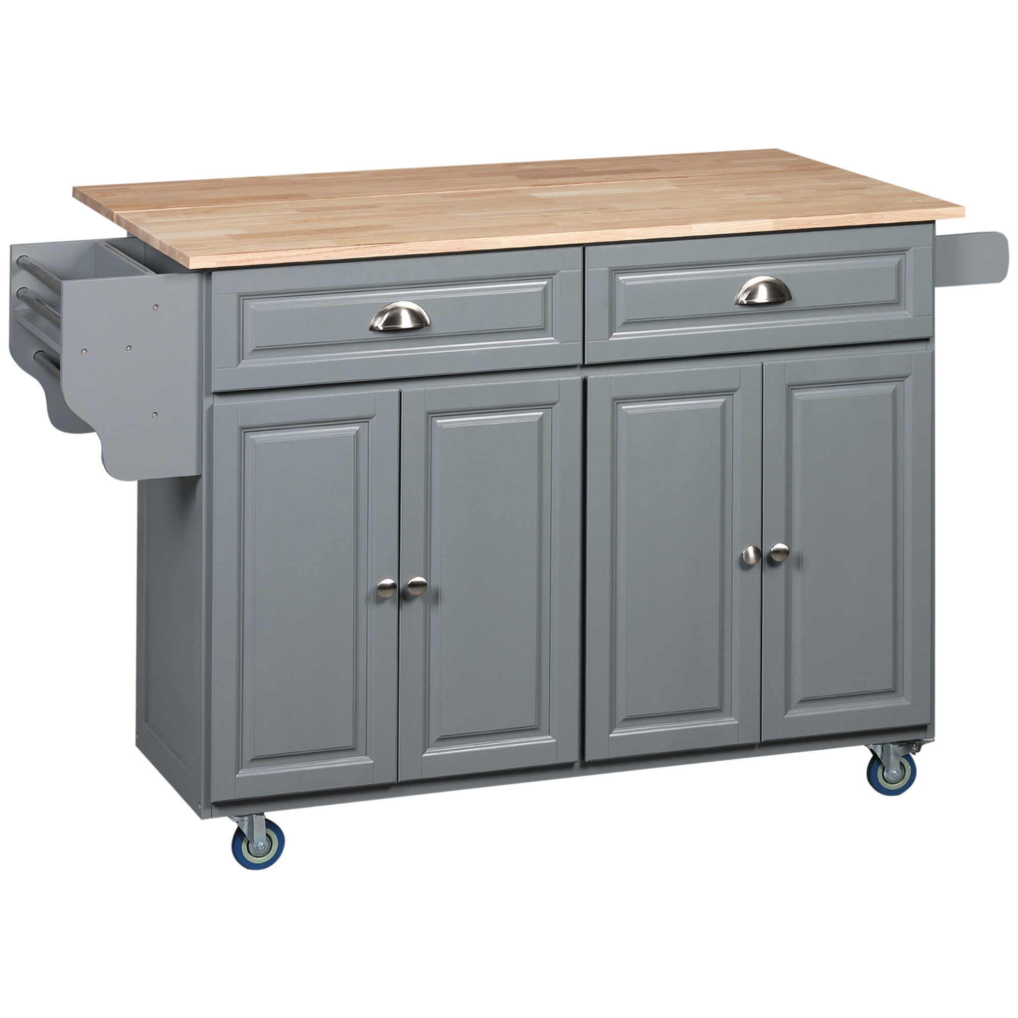 HOMCOM Kitchen Island with Storage, Rolling Kitchen Island with Drop Leaf, Solid Wood Top, 2 Drawers, 2 Cabinets, Adjustable Shelves and Knife Rack, Grey
