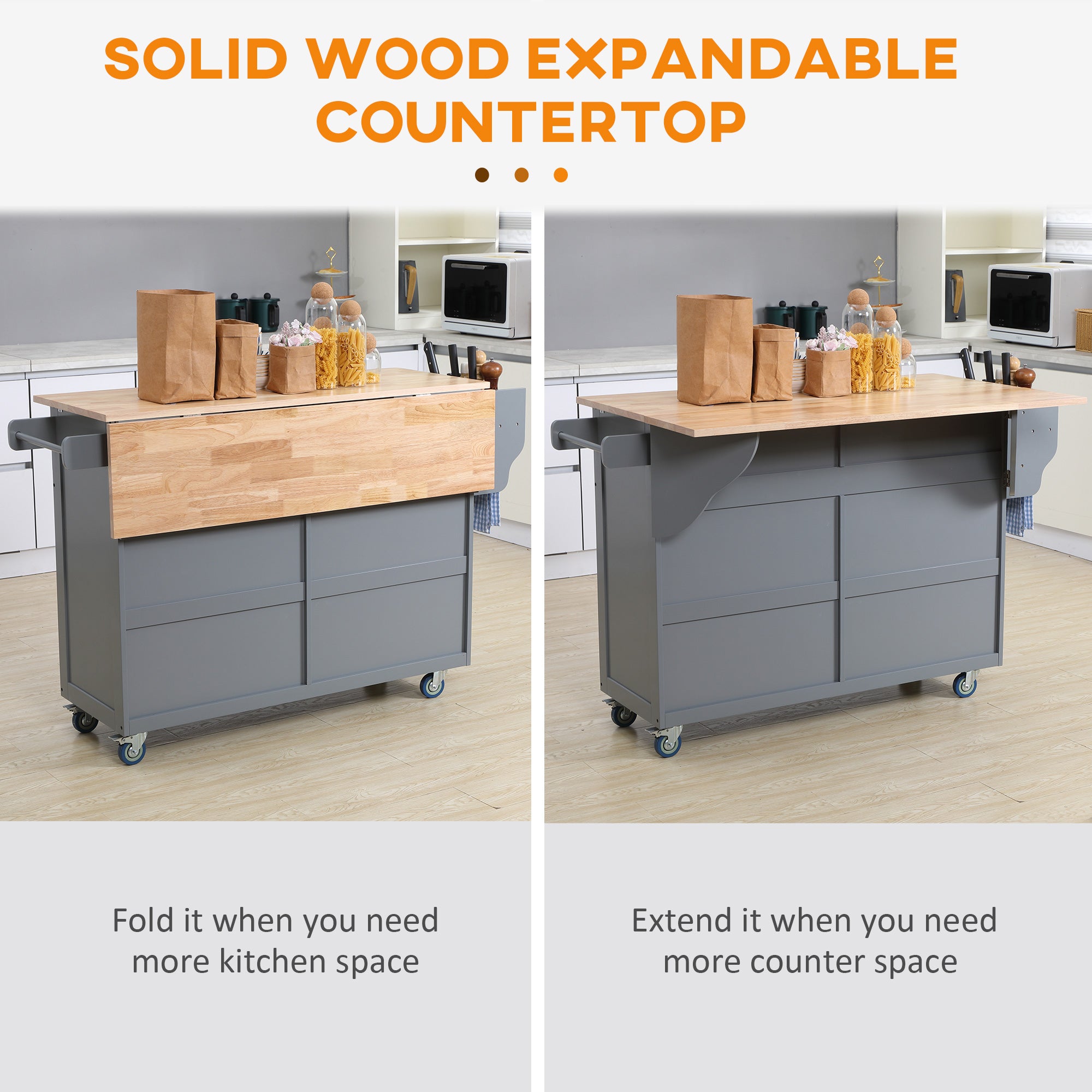 HOMCOM Kitchen Island with Storage, Rolling Kitchen Island with Drop Leaf, Solid Wood Top, 2 Drawers, 2 Cabinets, Adjustable Shelves and Knife Rack, Grey
